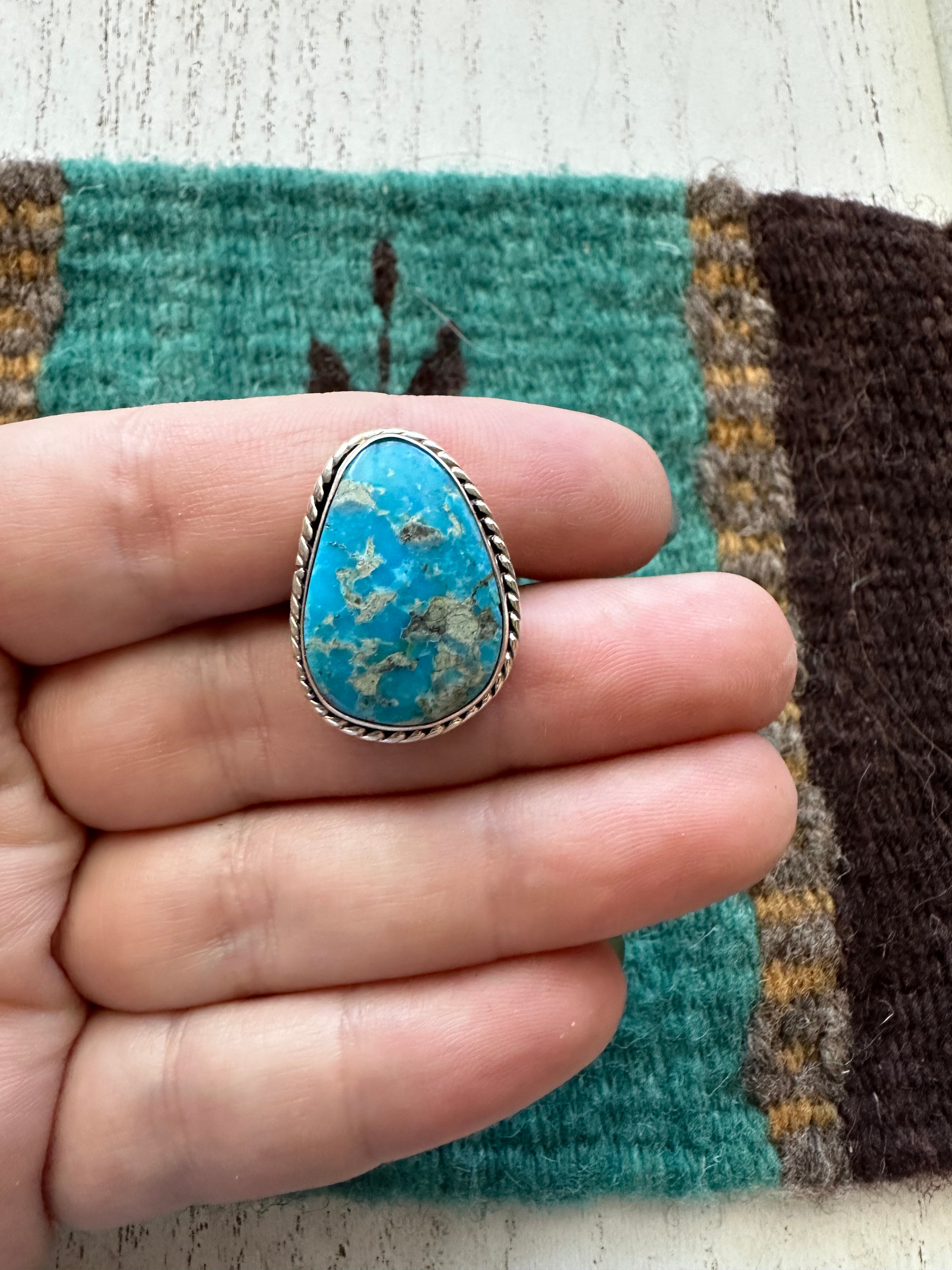 Navajo Single Stone Turquoise & Sterling Silver Ring Size 4.5 Signed P Skeets