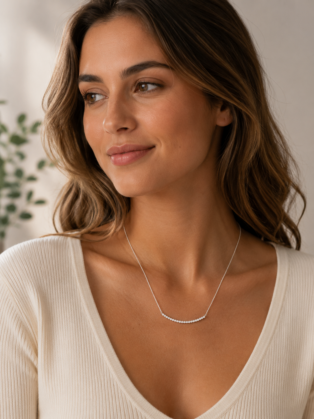 Silver Plated CZ Bar Smile Pendant Chain Necklace