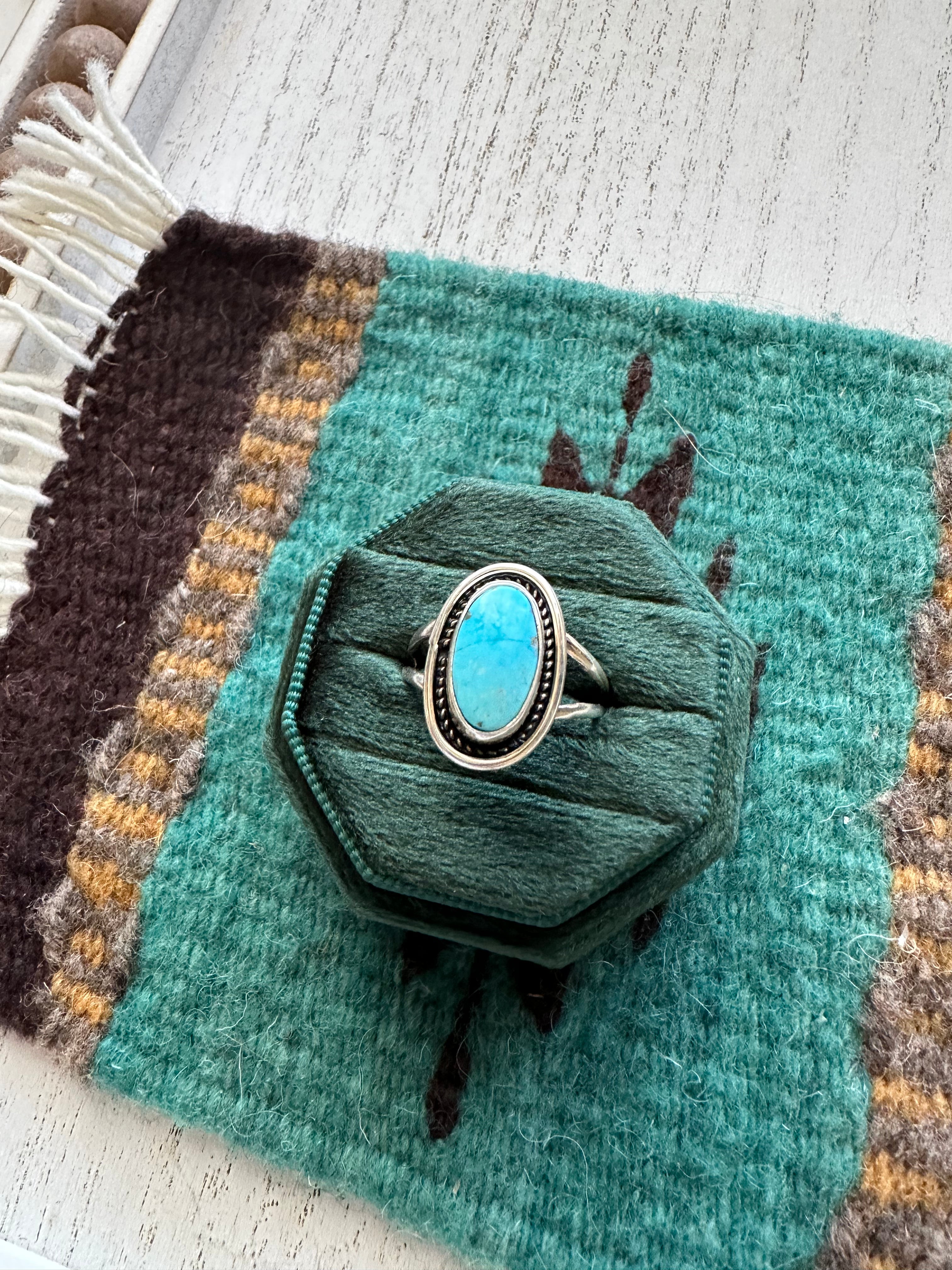 Navajo Single Stone Turquoise & Sterling Silver Ring Size 8.75