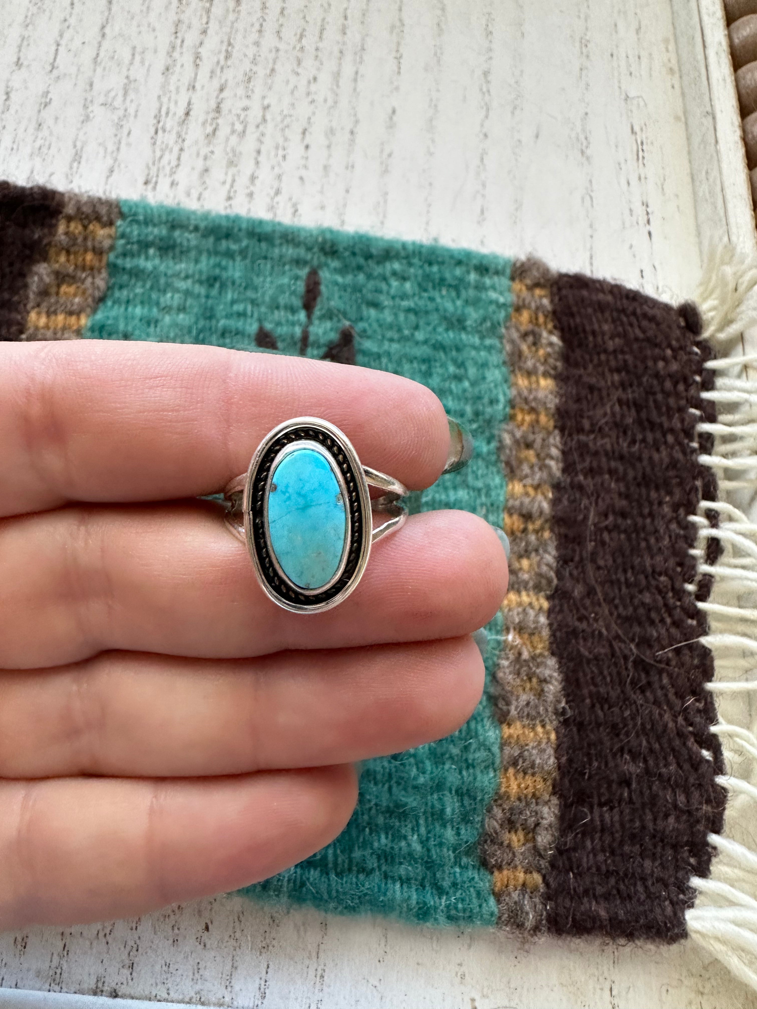 Navajo Single Stone Turquoise & Sterling Silver Ring Size 8.75