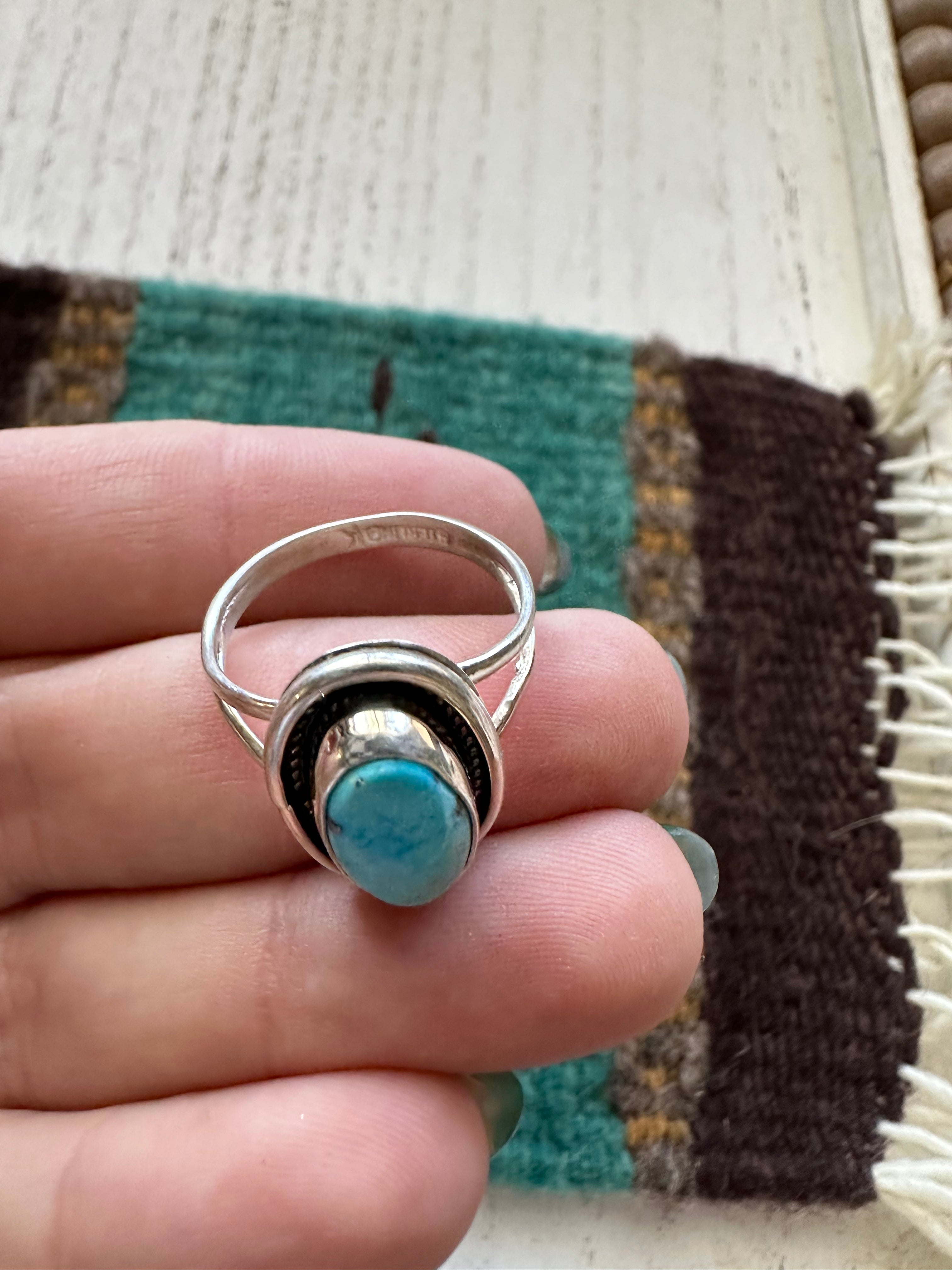 Navajo Single Stone Turquoise & Sterling Silver Ring Size 8.75