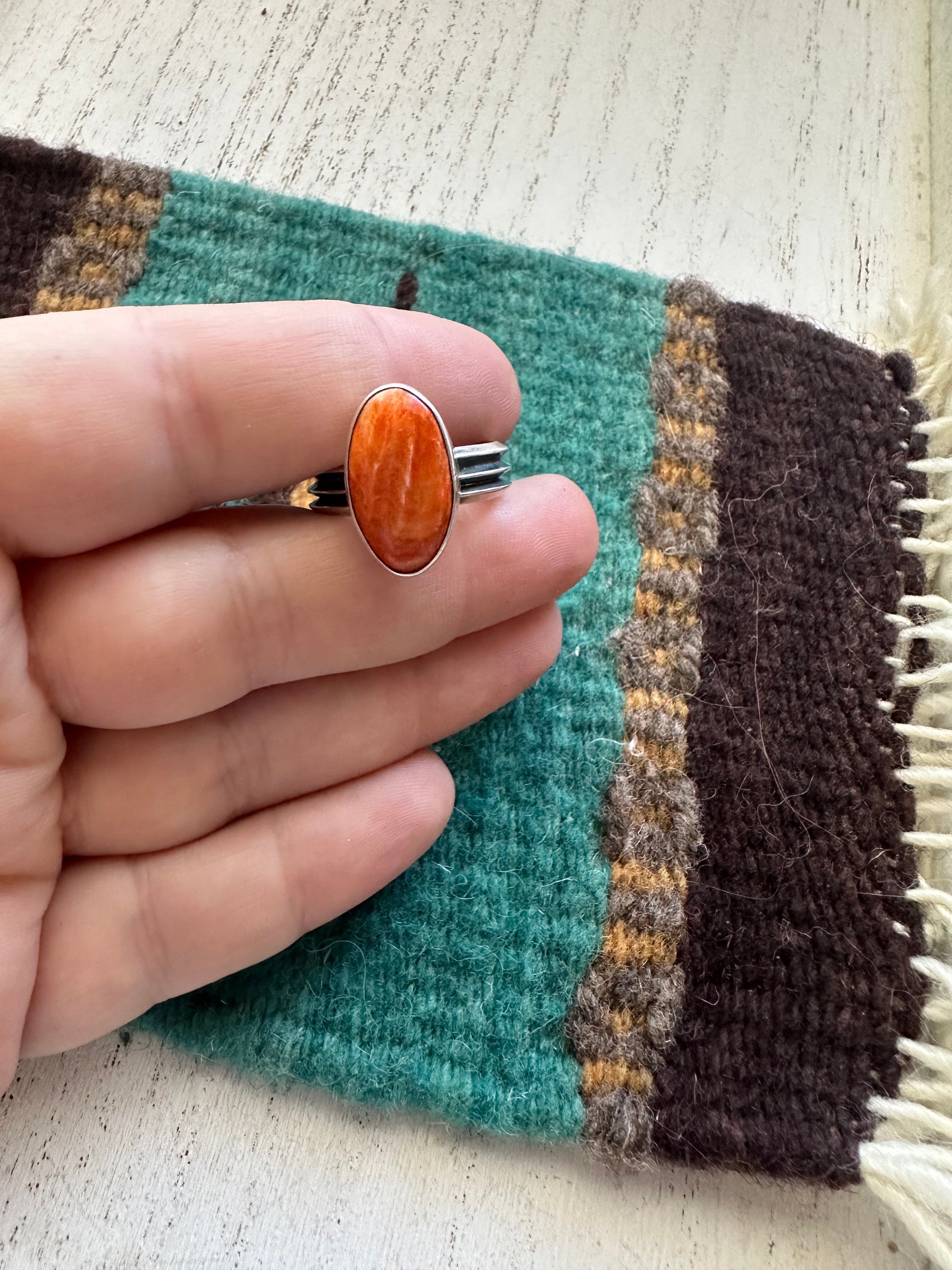 Navajo Single Stone Orange Spiny & Sterling Silver Ring Size 9