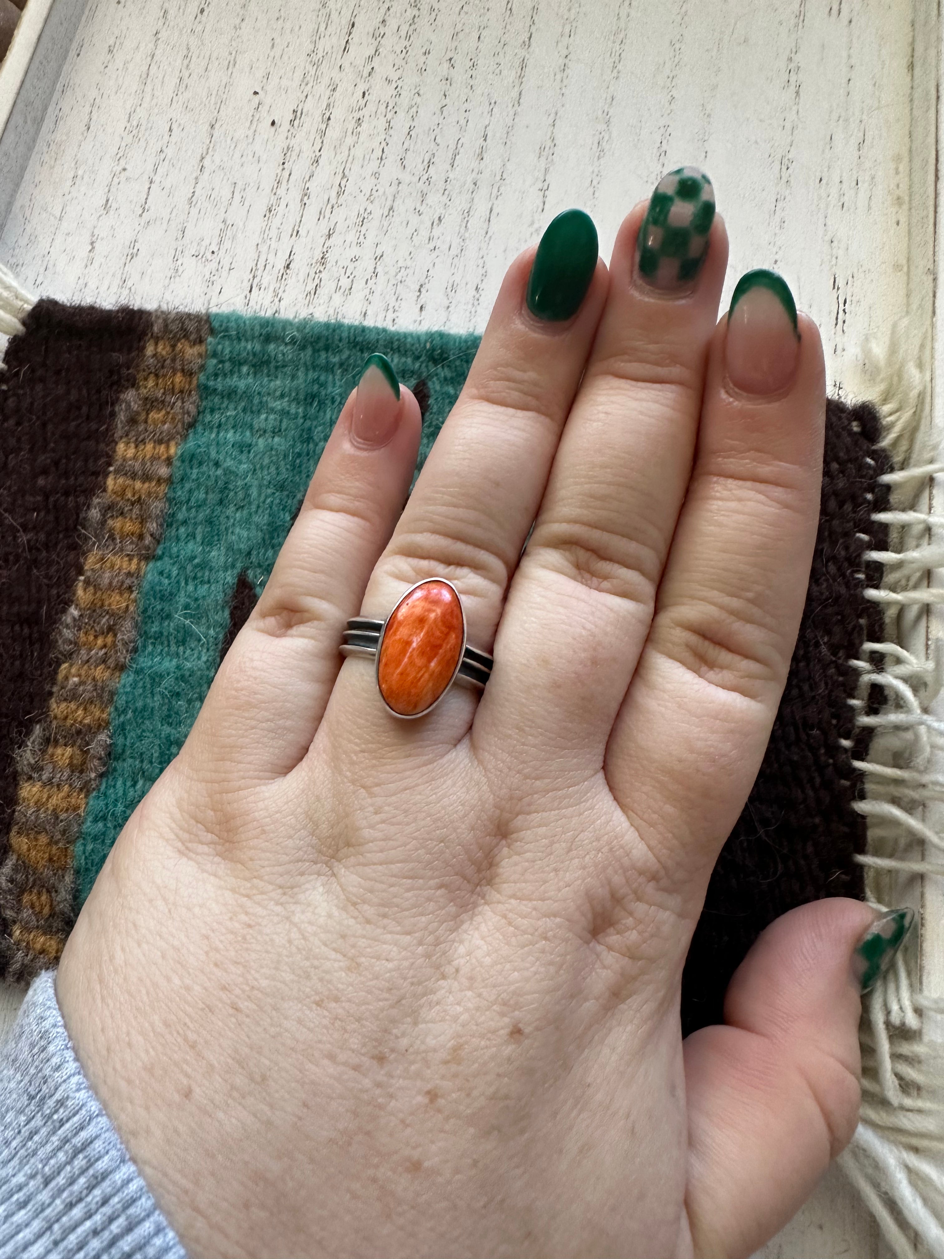 Navajo Single Stone Orange Spiny & Sterling Silver Ring Size 9