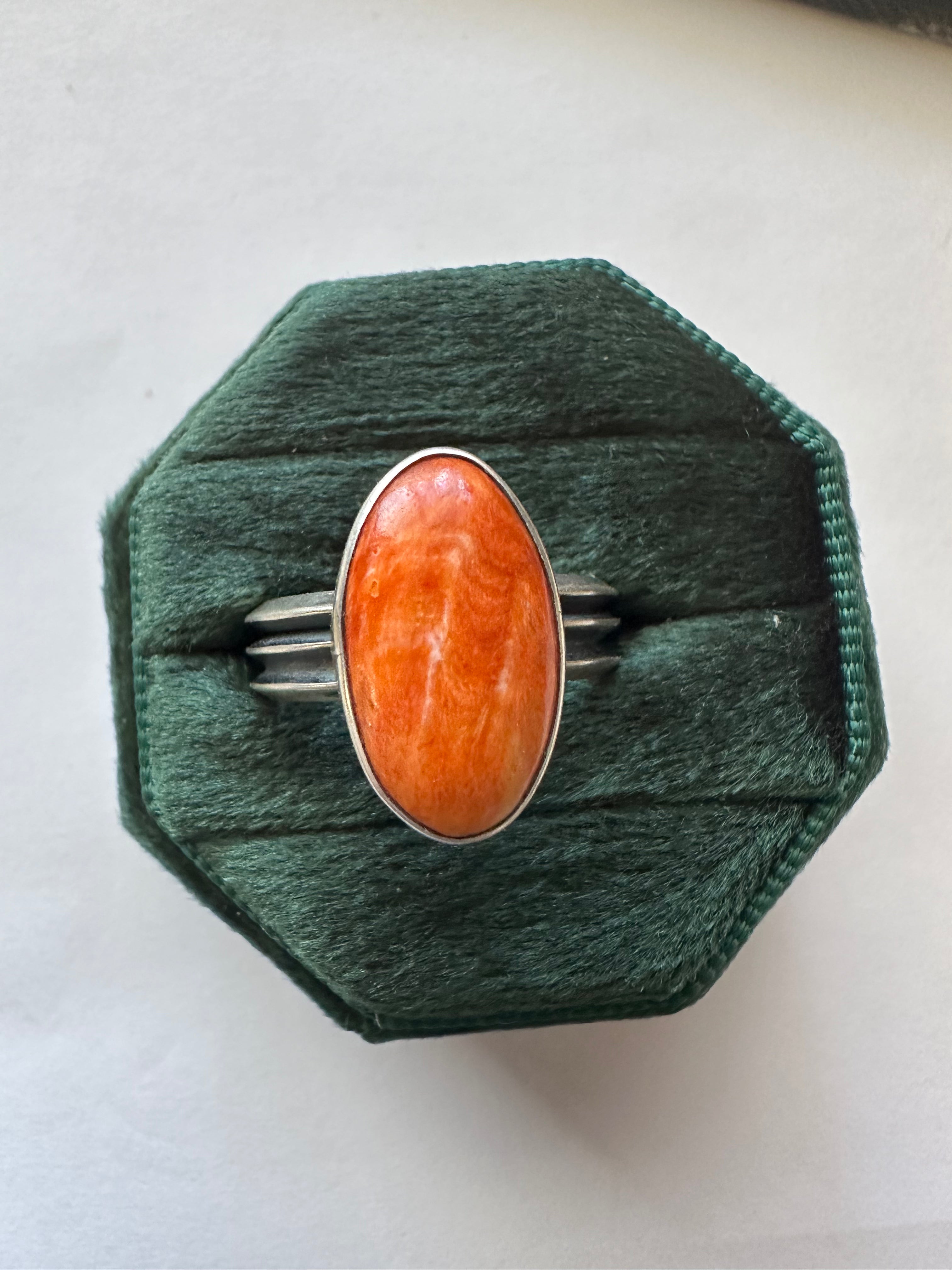 Navajo Single Stone Orange Spiny & Sterling Silver Ring Size 9