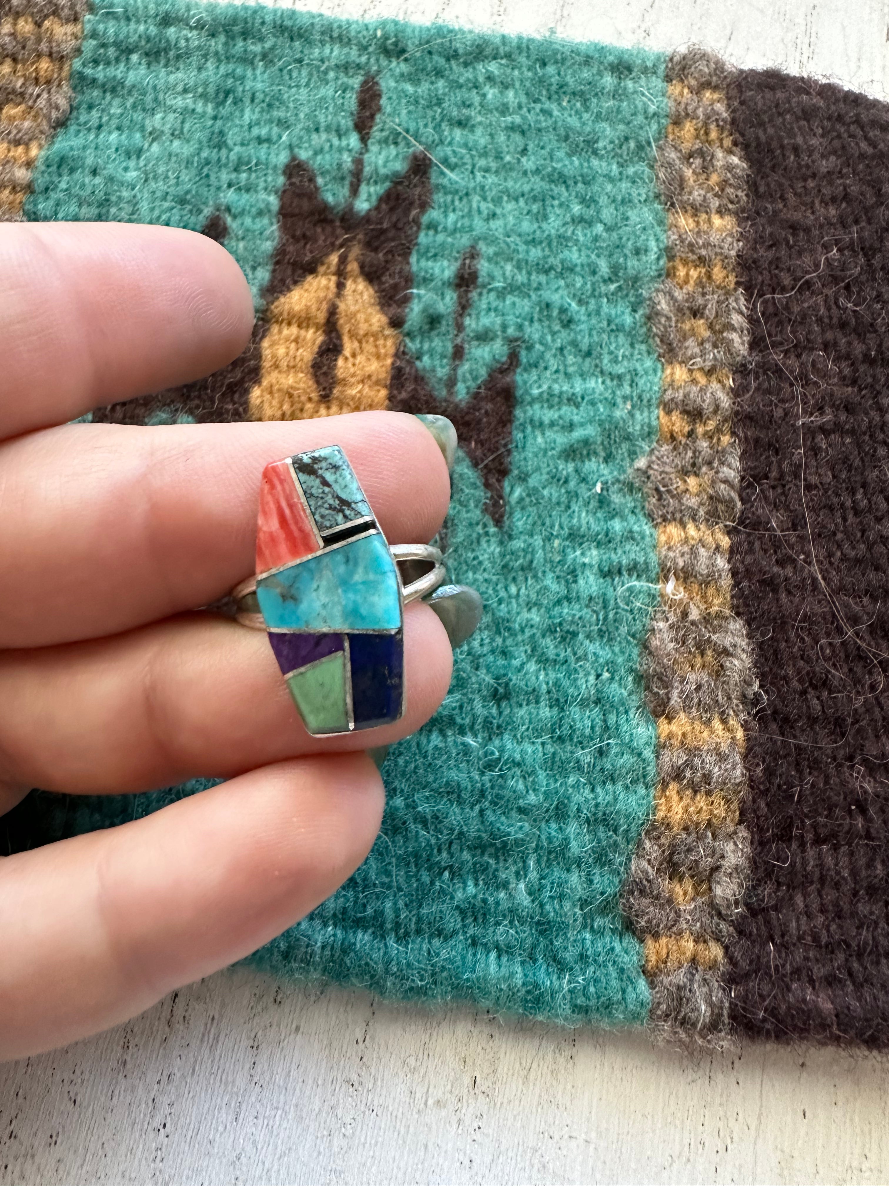 Navajo Sterling Silver & Multi Stone Inlay Ring Size 6.5