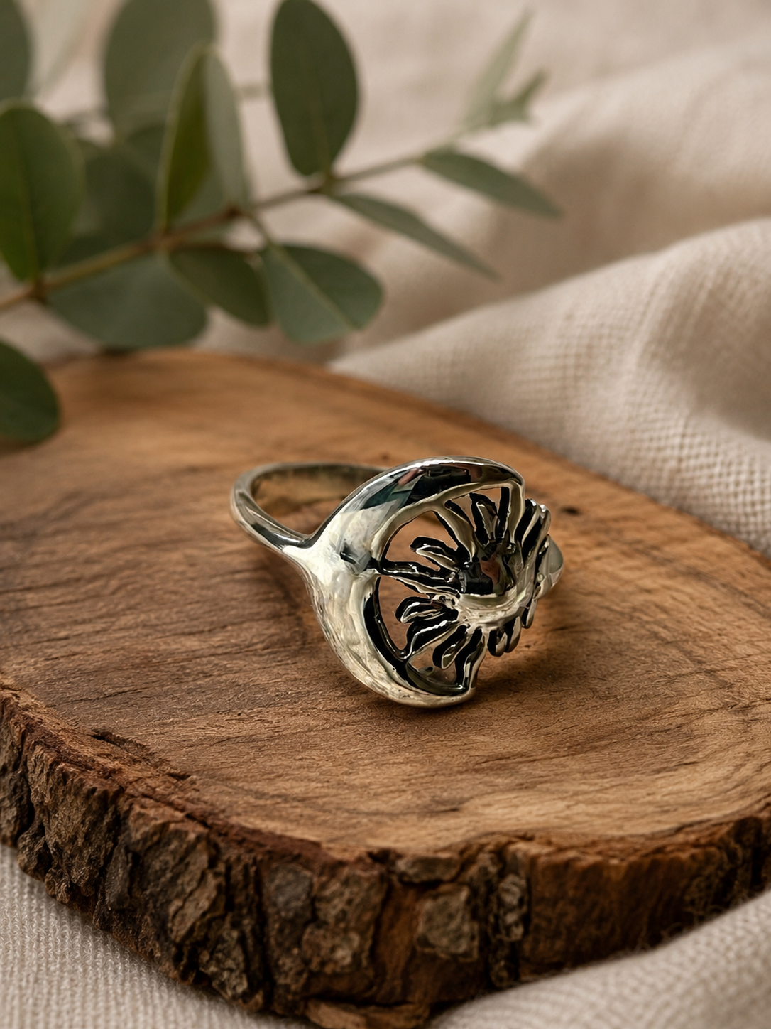Sun and Crescent Moon Sterling Silver Ring
