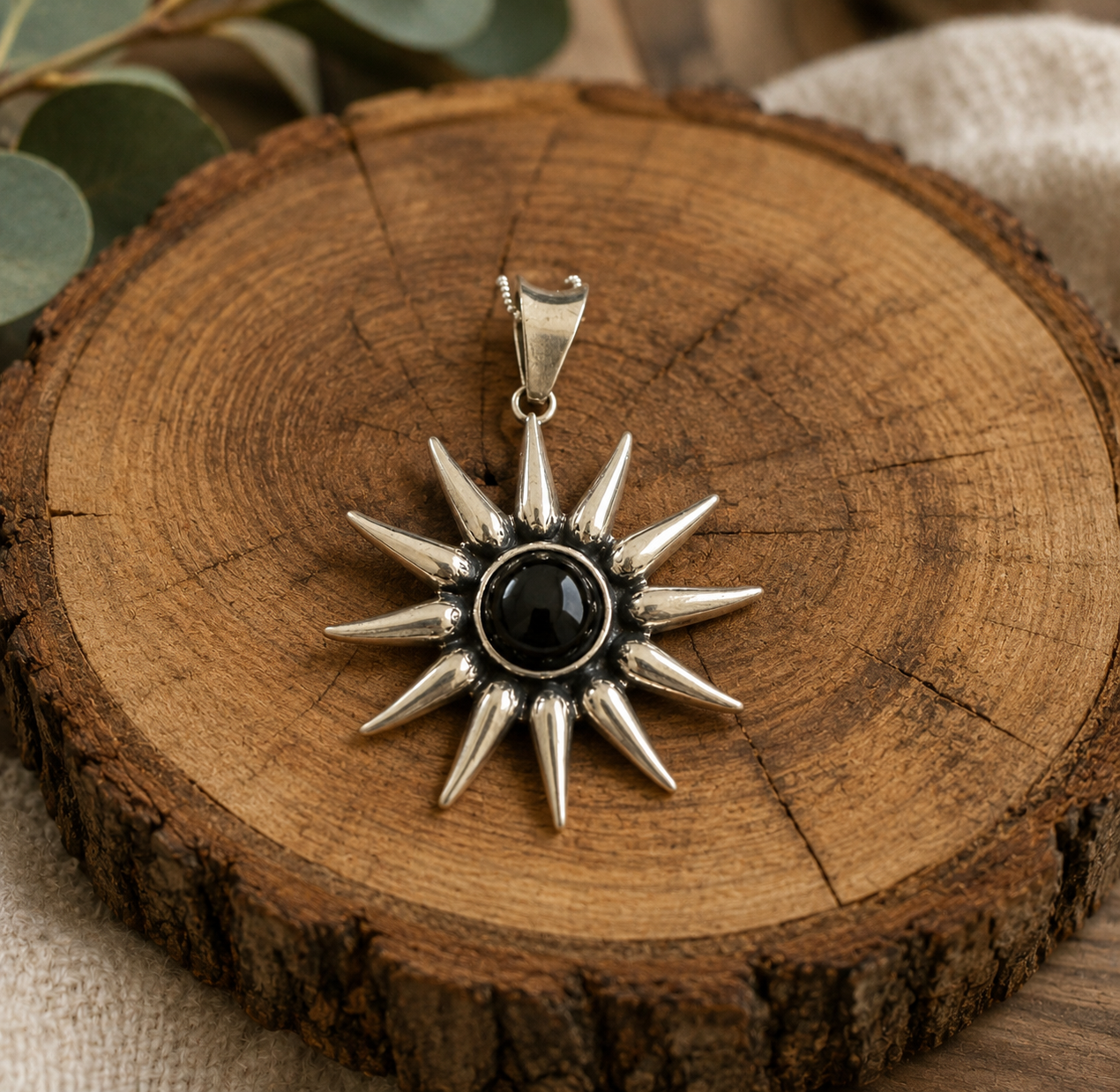 Sunburst Pendant w/Domed Obsidian Pendant Necklace