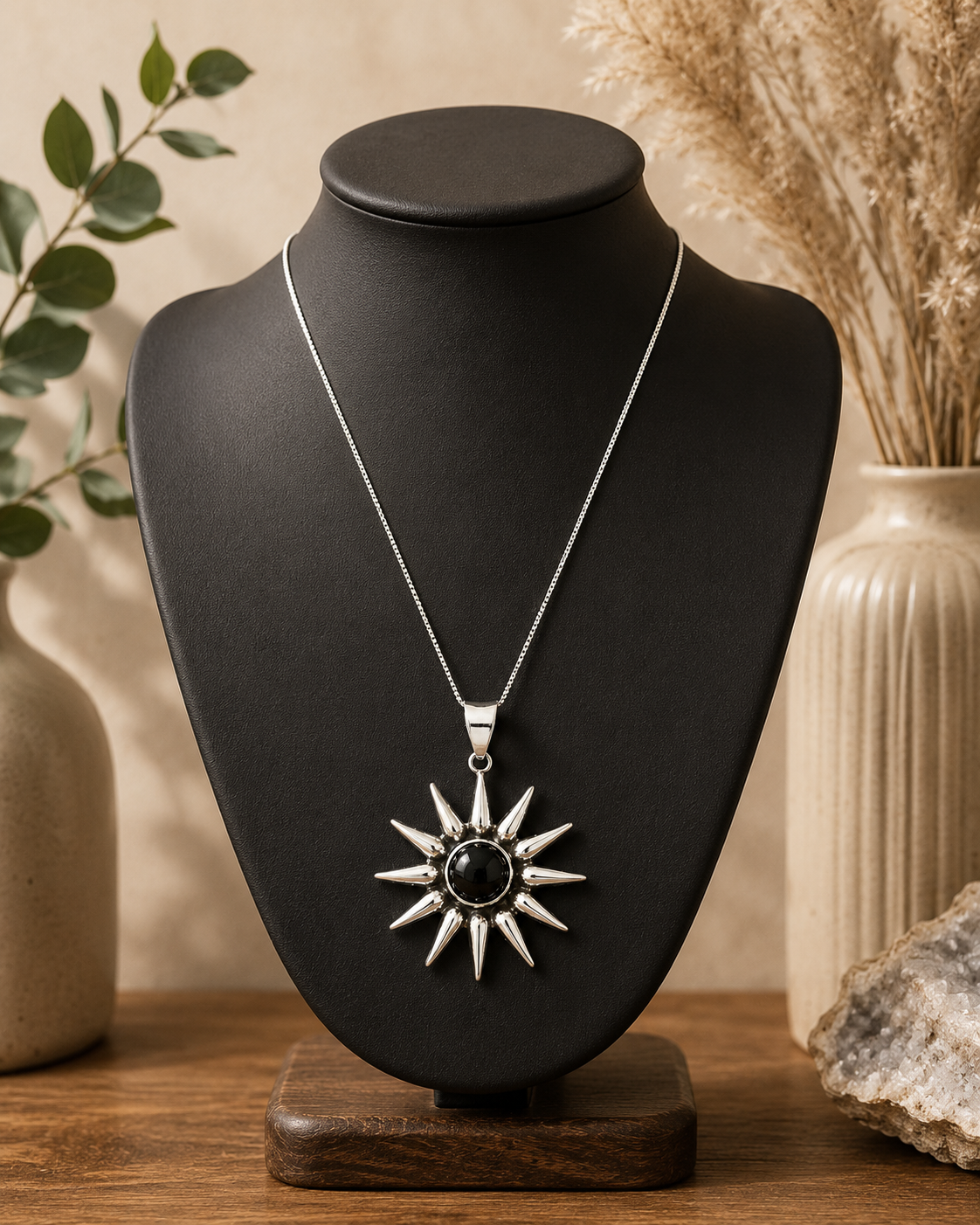 Sunburst Pendant w/Domed Obsidian Pendant Necklace