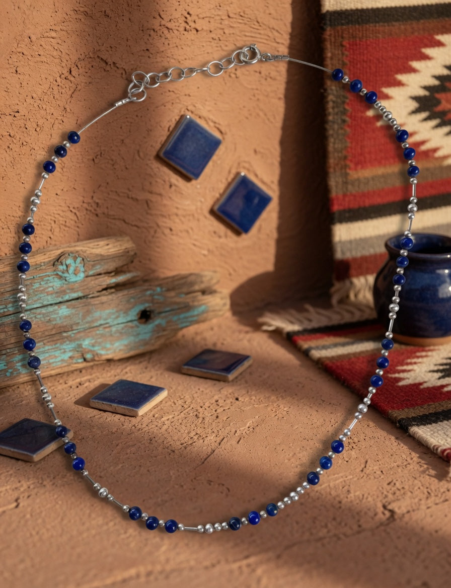 Lapis & Sterling Silver Beaded Necklace 17"
