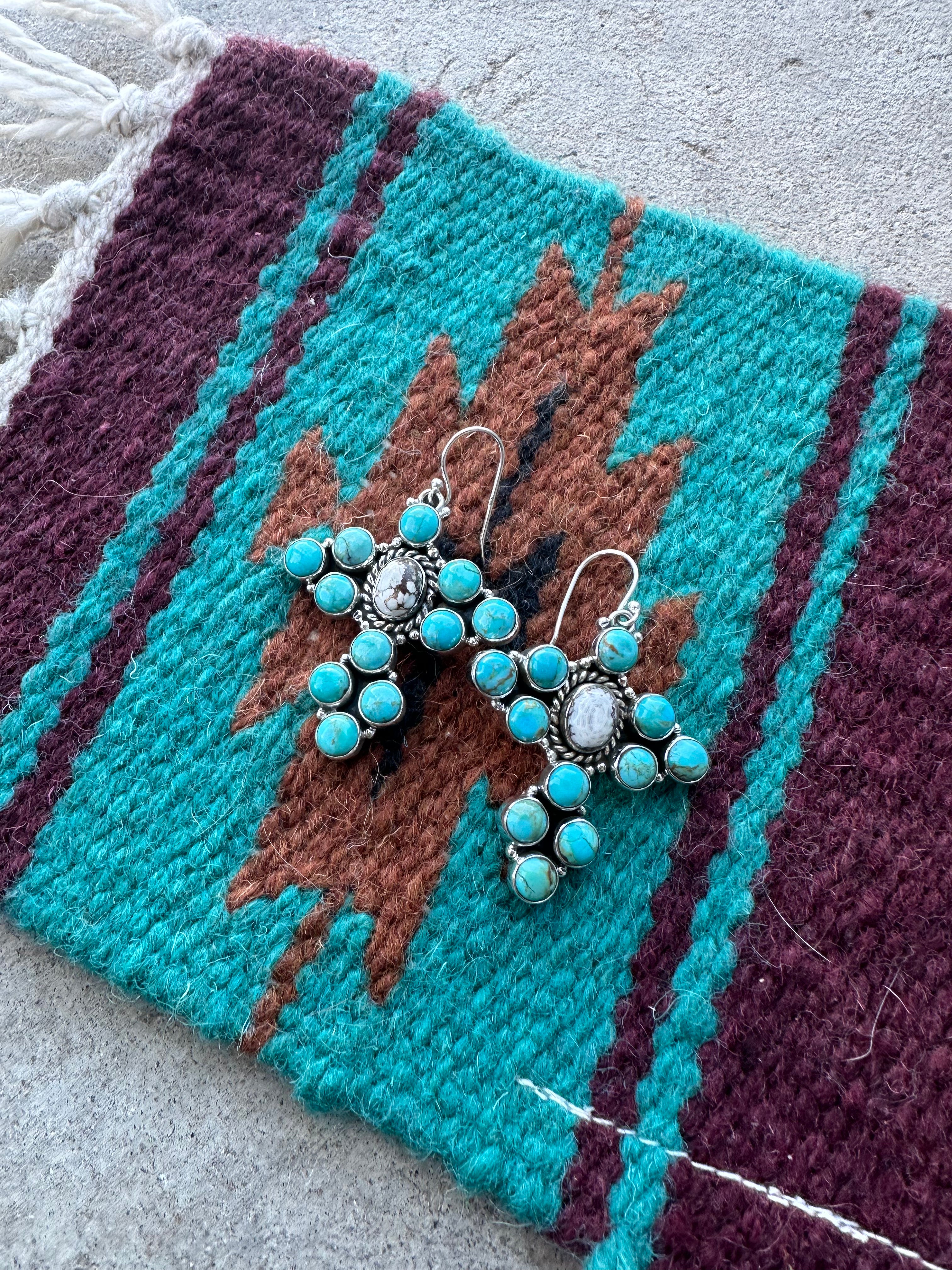 Handmade Turquoise, Wild Horse And Sterling Silver Cluster Dangle Earrings