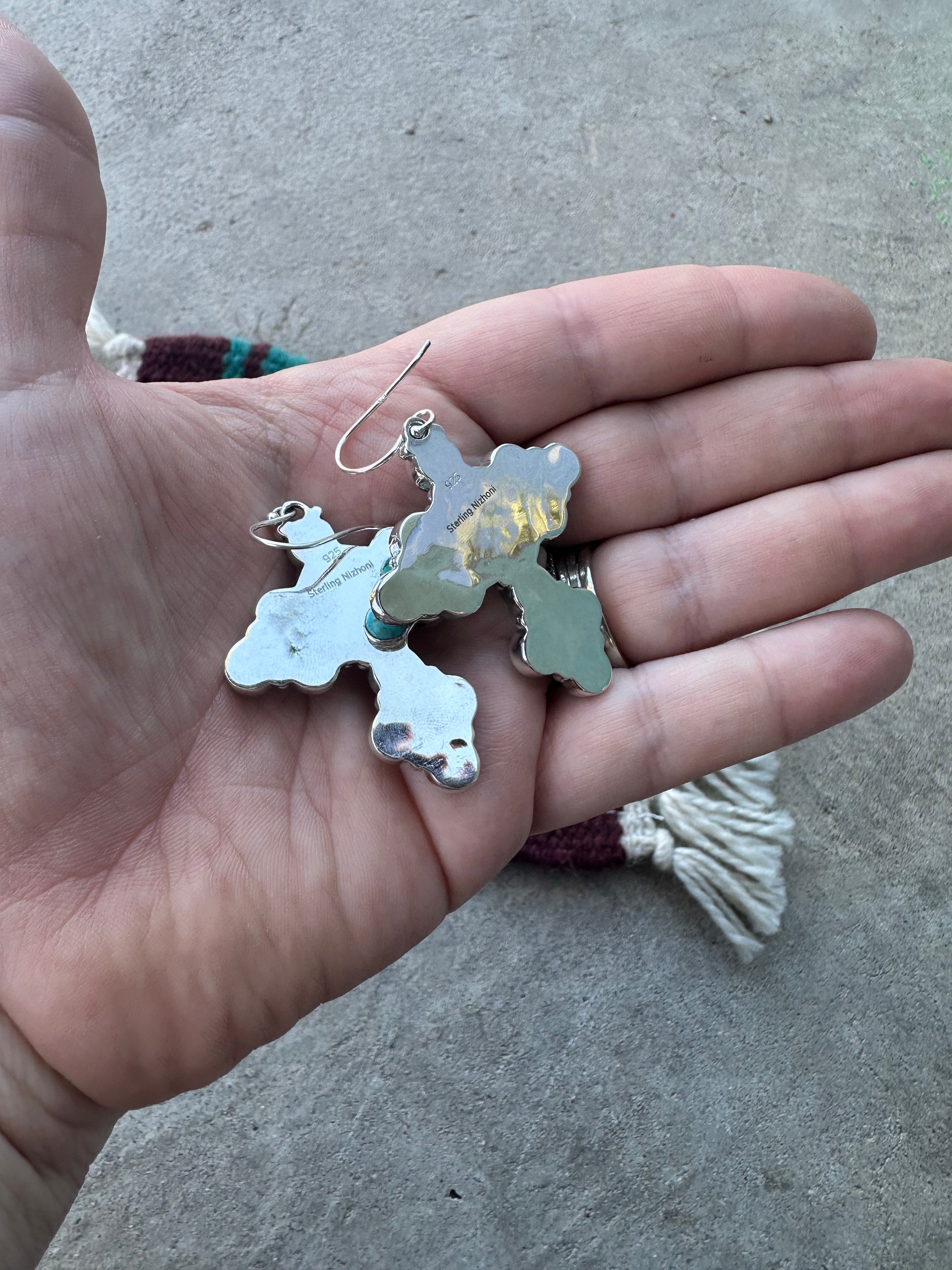 Handmade Turquoise, Wild Horse And Sterling Silver Cluster Dangle Earrings