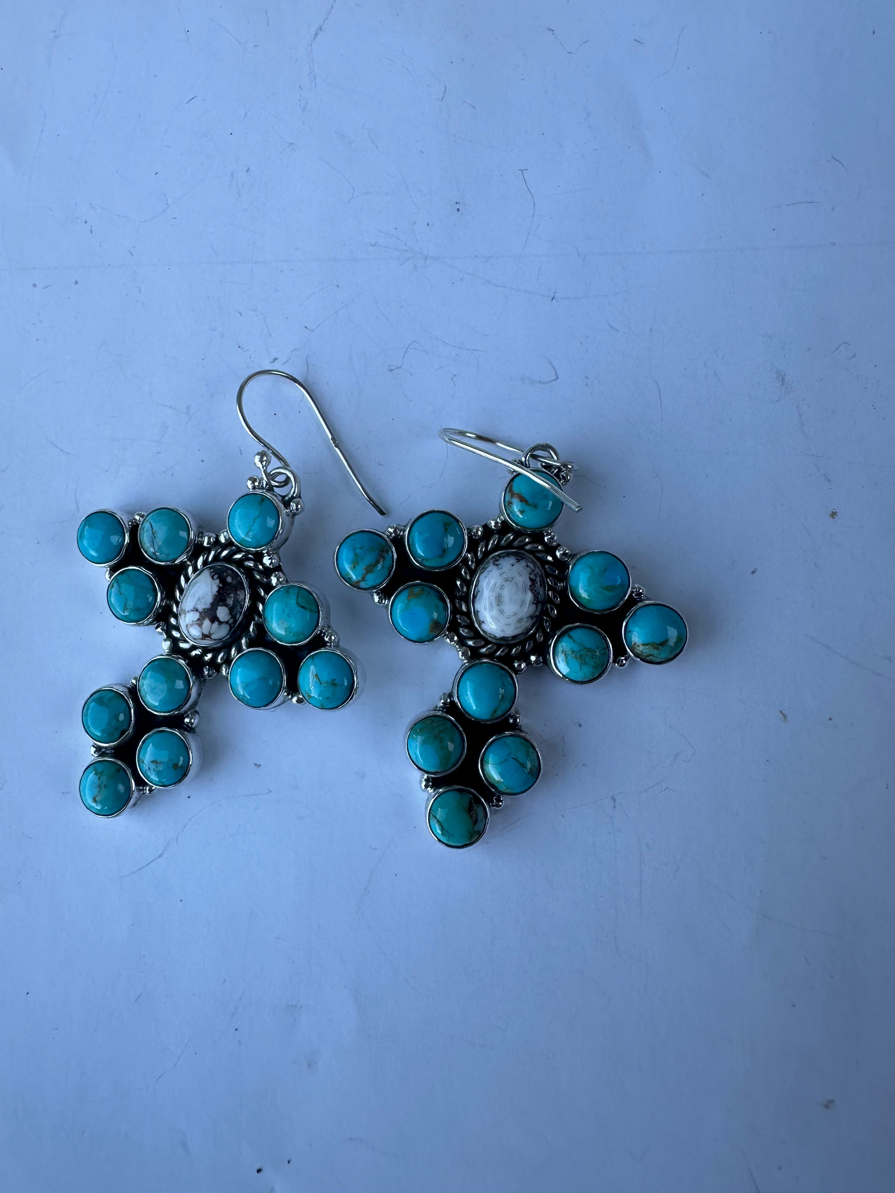 Handmade Turquoise, Wild Horse And Sterling Silver Cluster Dangle Earrings