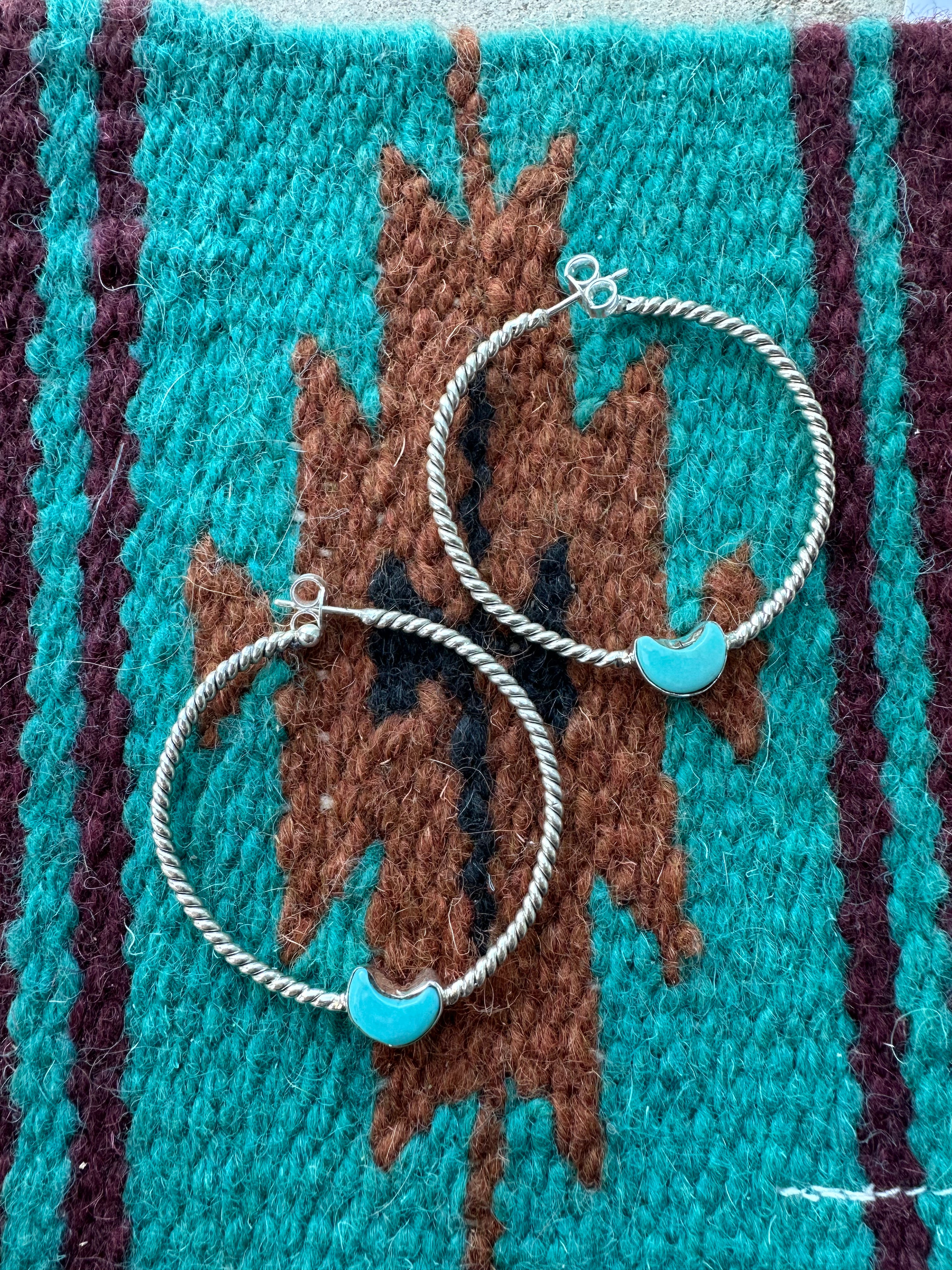 Nizhoni Handmade Turquoise & Sterling Silver Moon Hoop Earrings