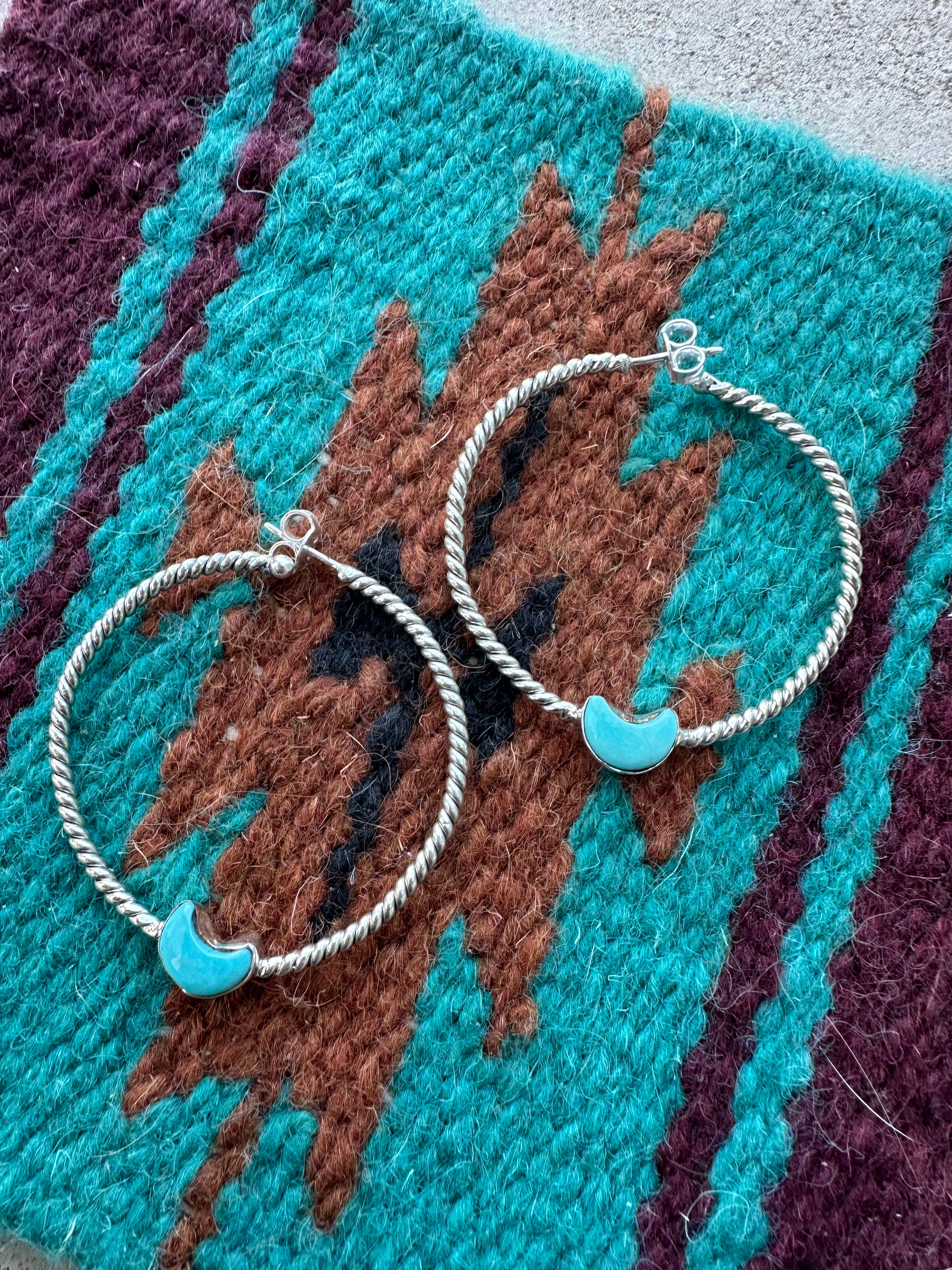 Nizhoni Handmade Turquoise & Sterling Silver Moon Hoop Earrings