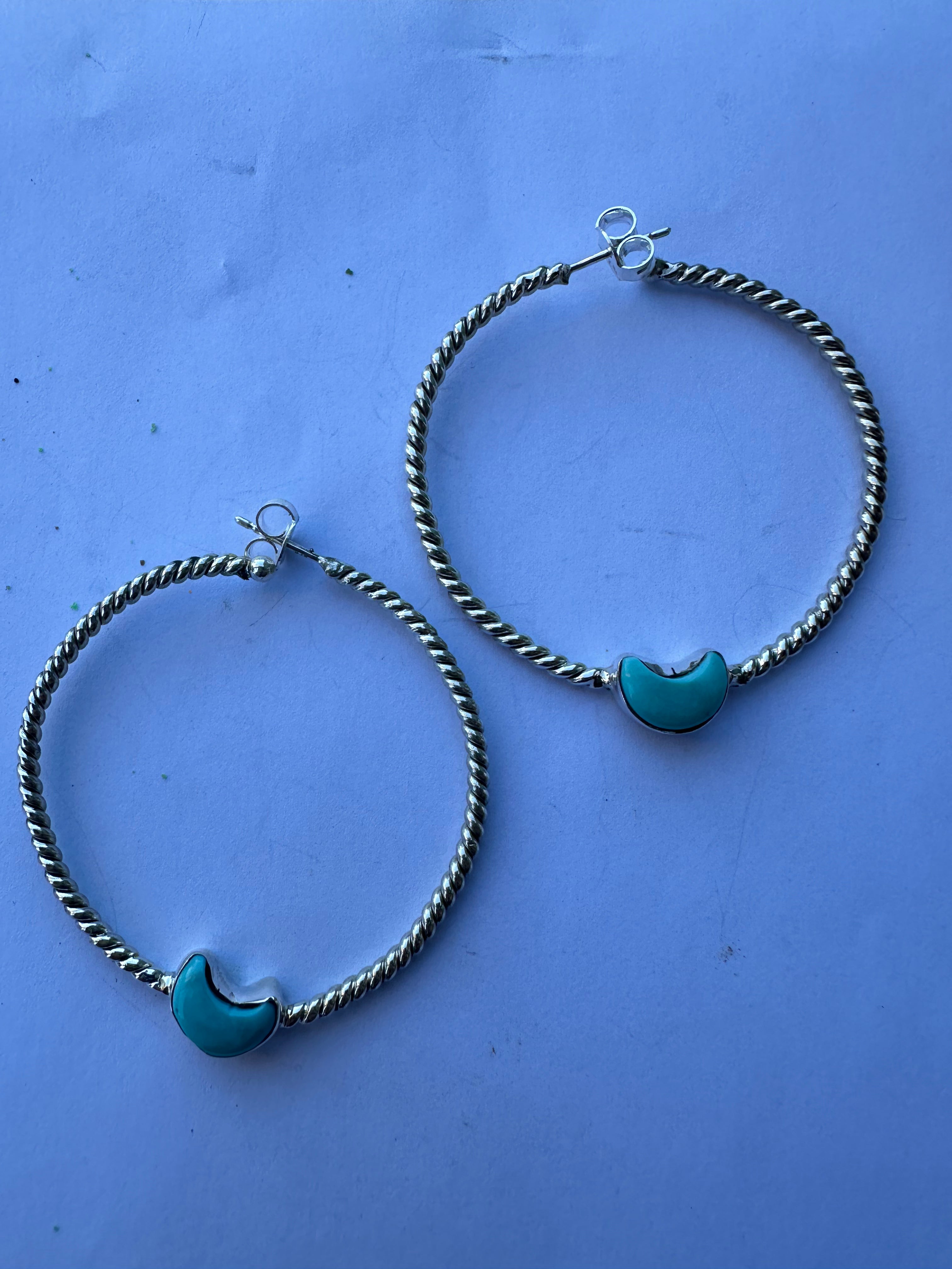 Nizhoni Handmade Turquoise & Sterling Silver Moon Hoop Earrings