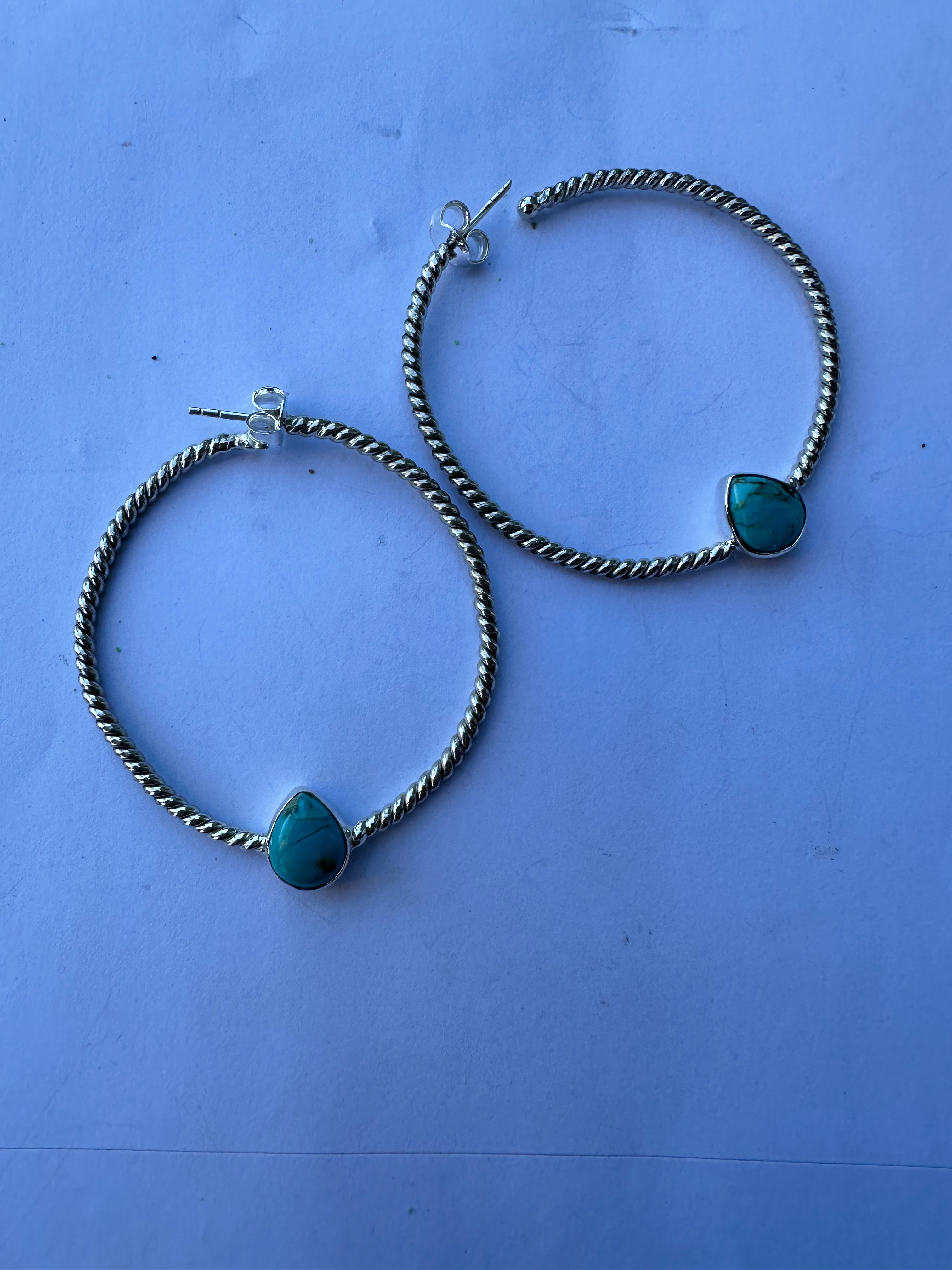 Nizhoni Handmade Turquoise & Sterling Silver Circle Tear Drop Hoop Earrings