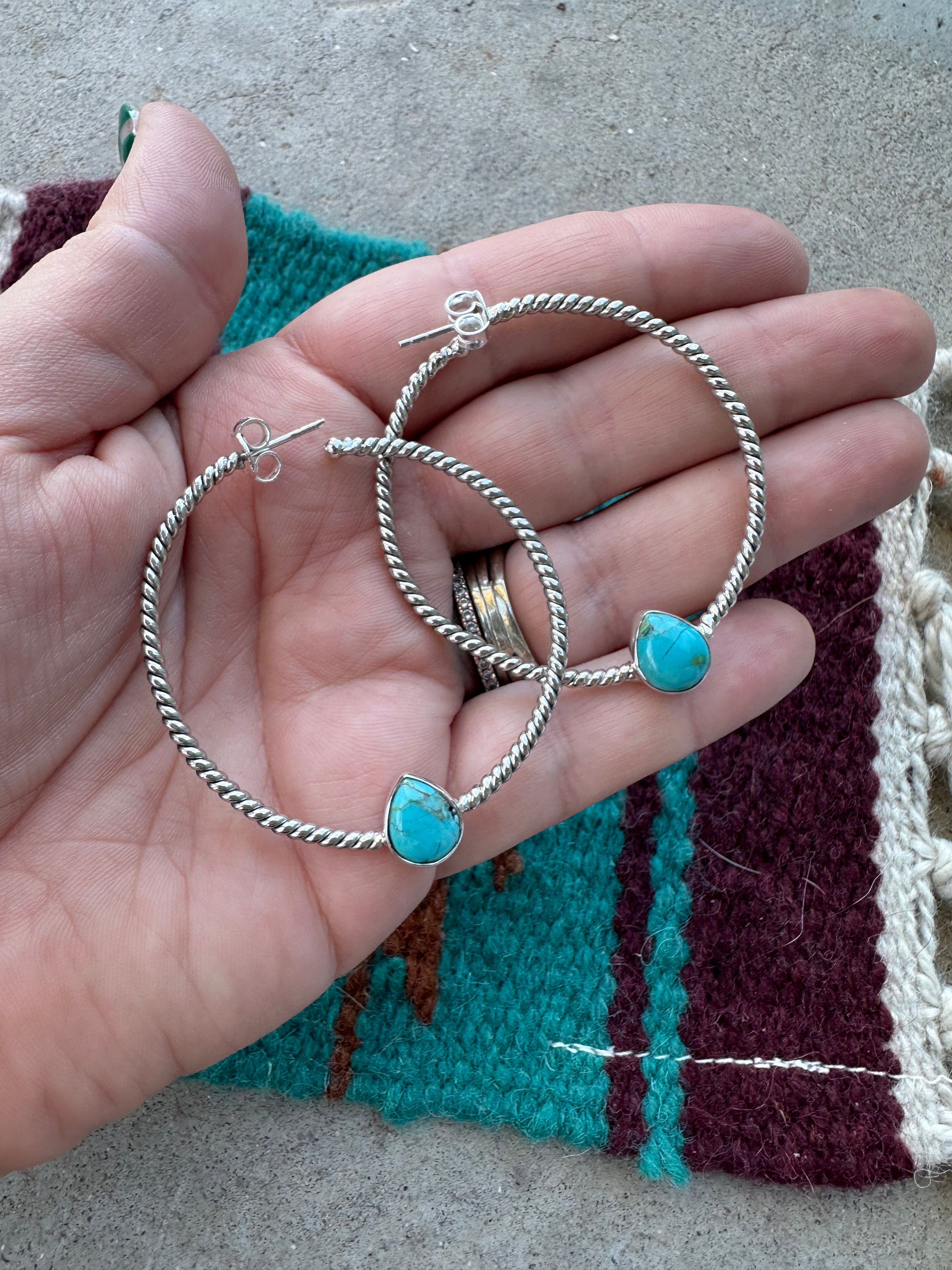 Nizhoni Handmade Turquoise & Sterling Silver Circle Tear Drop Hoop Earrings