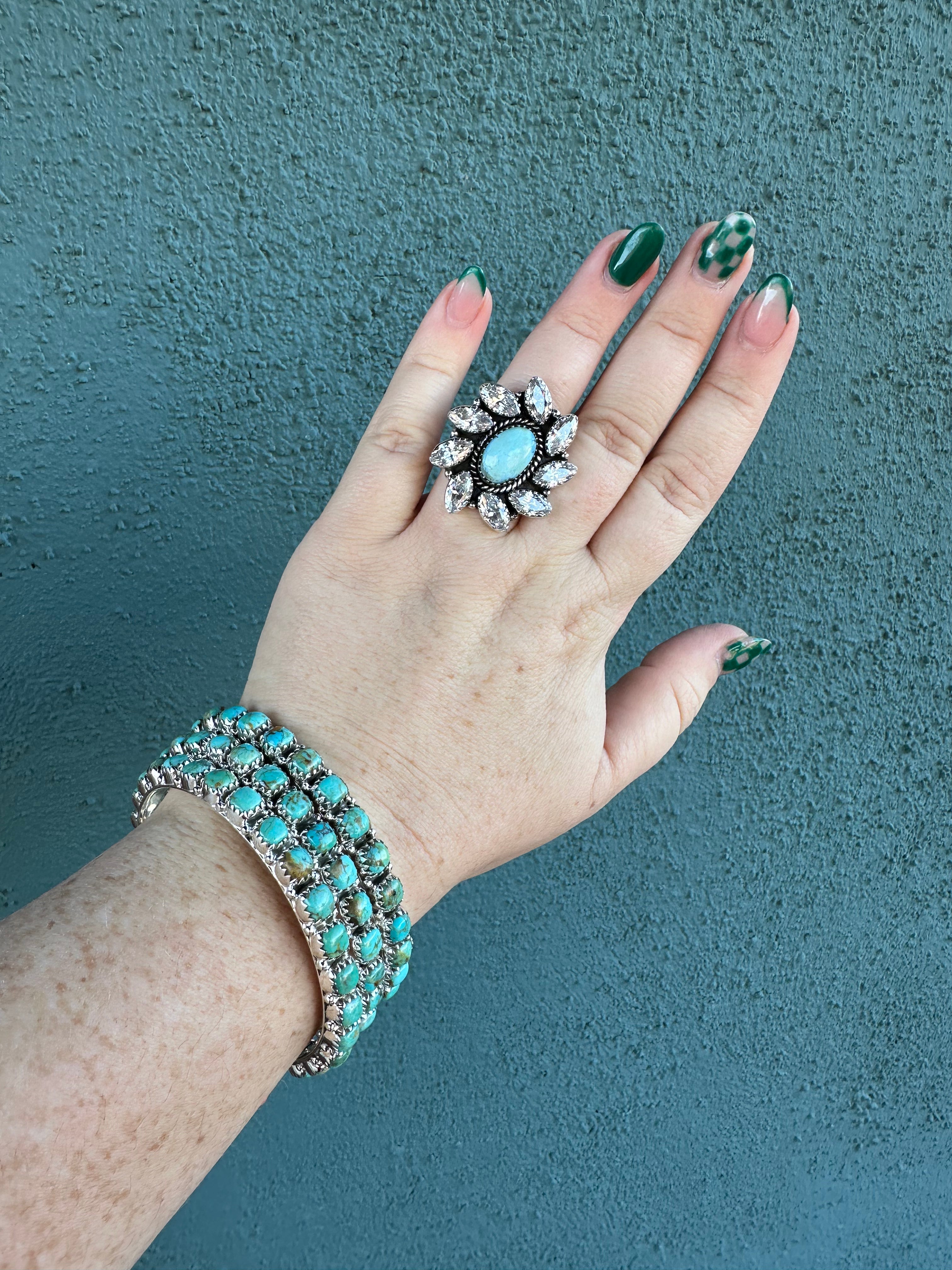 NFR COLLECTION Handmade Golden Hills Turquoise, CZ & Sterling Silver Adjustable Ring Signed Nizhoni