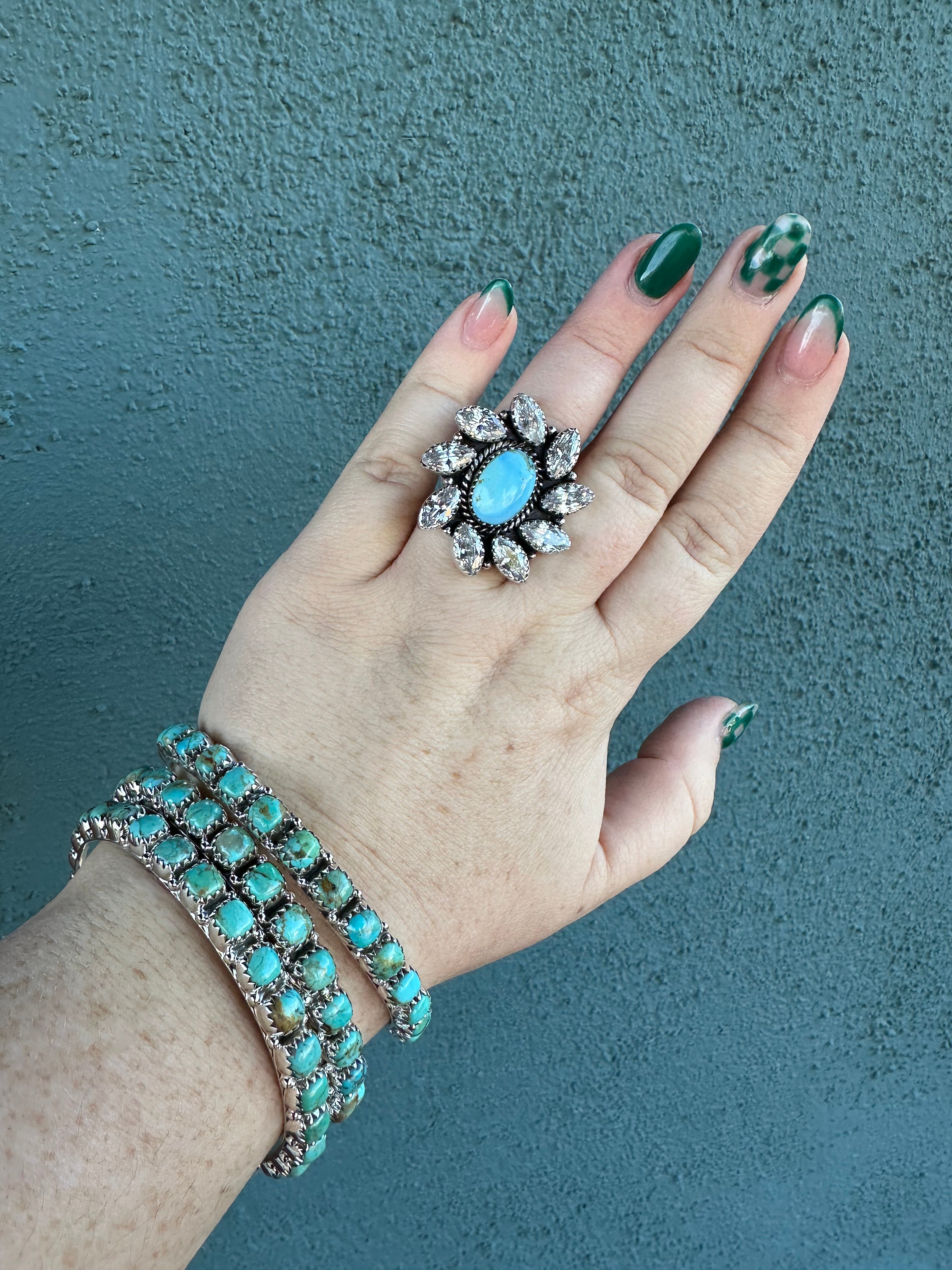 NFR COLLECTION Handmade Golden Hills Turquoise, CZ & Sterling Silver Adjustable Ring Signed Nizhoni