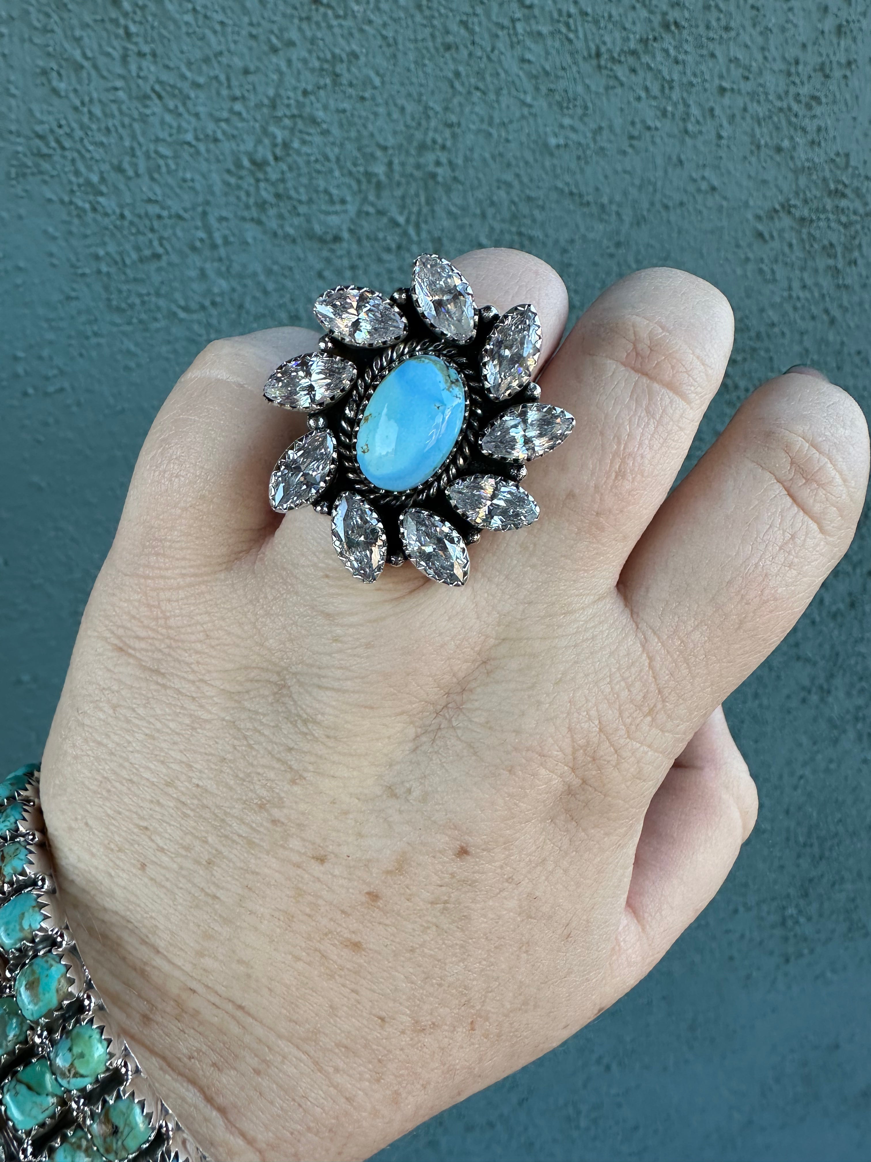 NFR COLLECTION Handmade Golden Hills Turquoise, CZ & Sterling Silver Adjustable Ring Signed Nizhoni