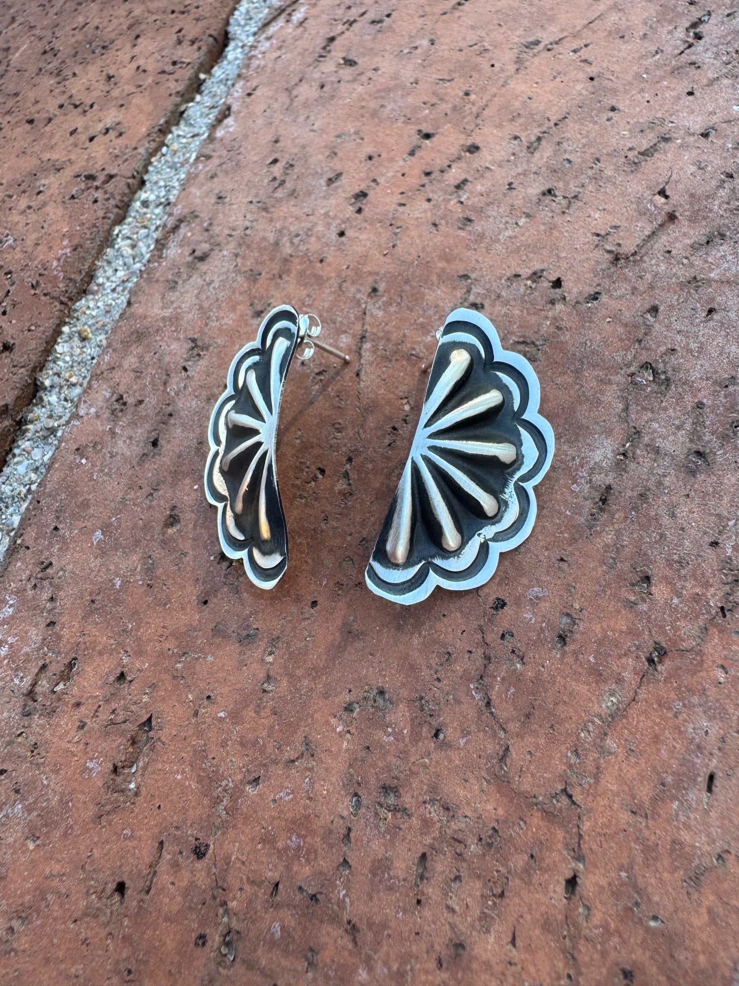 Handcrafted Sterling Silver Concho Crescent Stud Earrings