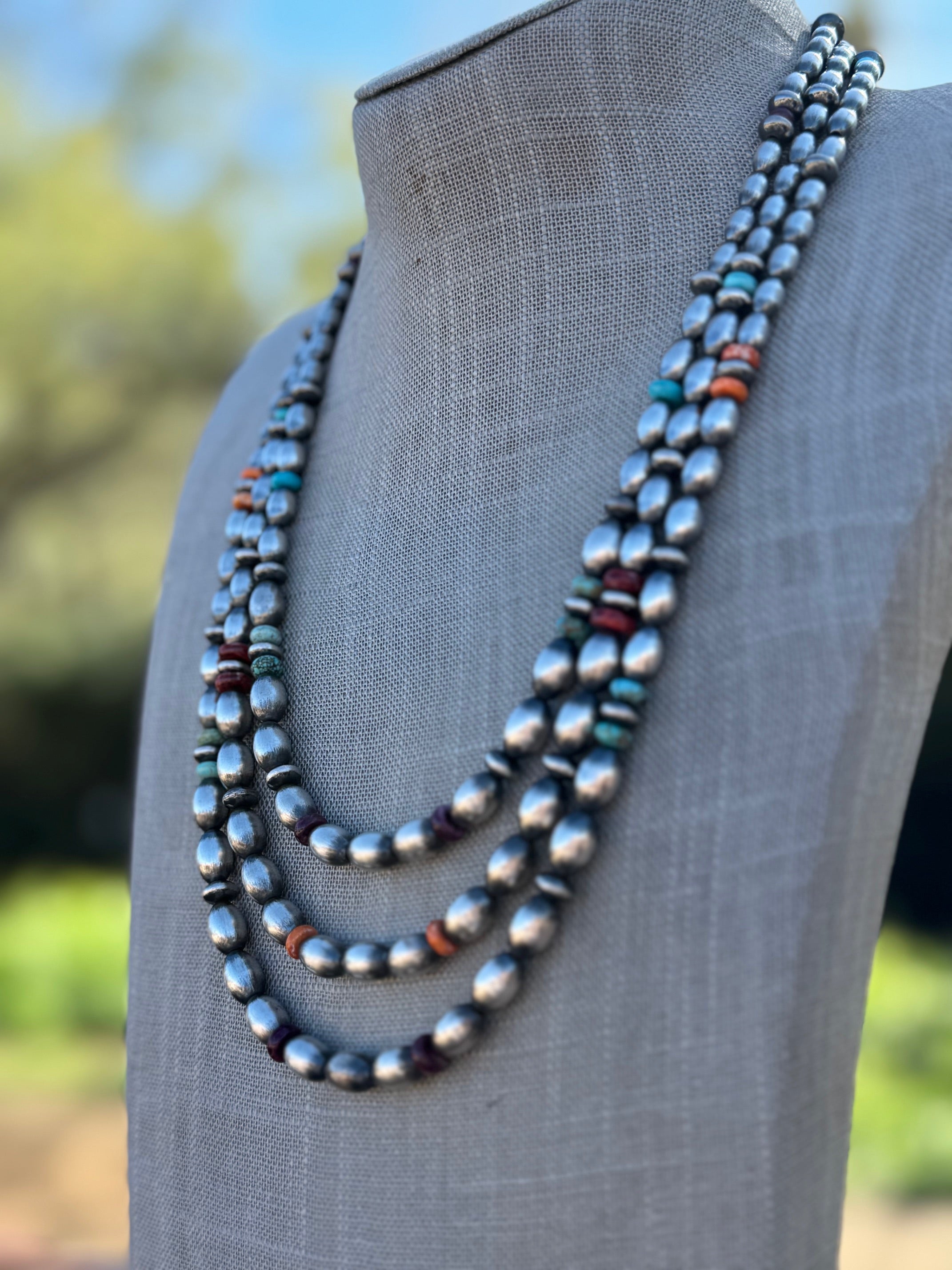 Handcrafted Sterling Silver Spiny and Turquoise 5-8mm Melon Beaded Necklace