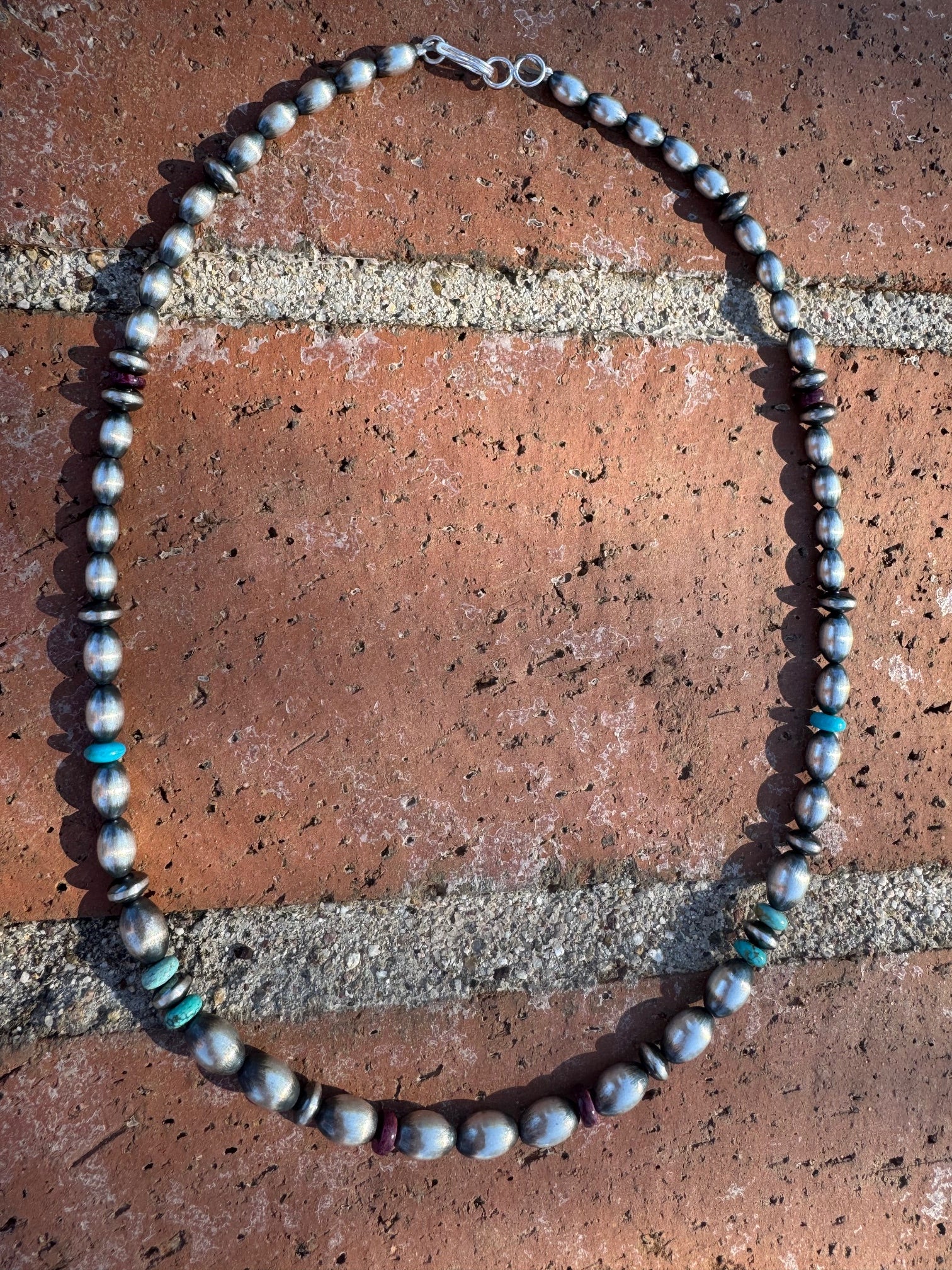 Handcrafted Sterling Silver Spiny and Turquoise 5-8mm Melon Beaded Necklace