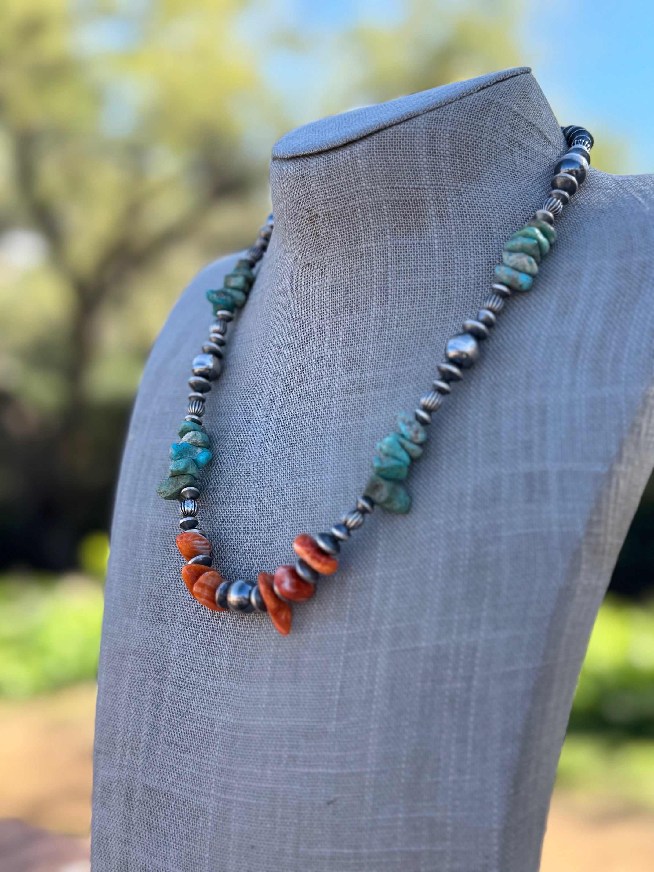 Handcrafted Turquoise & Spiny Sterling Silver Necklace by Chimney Butte 20"