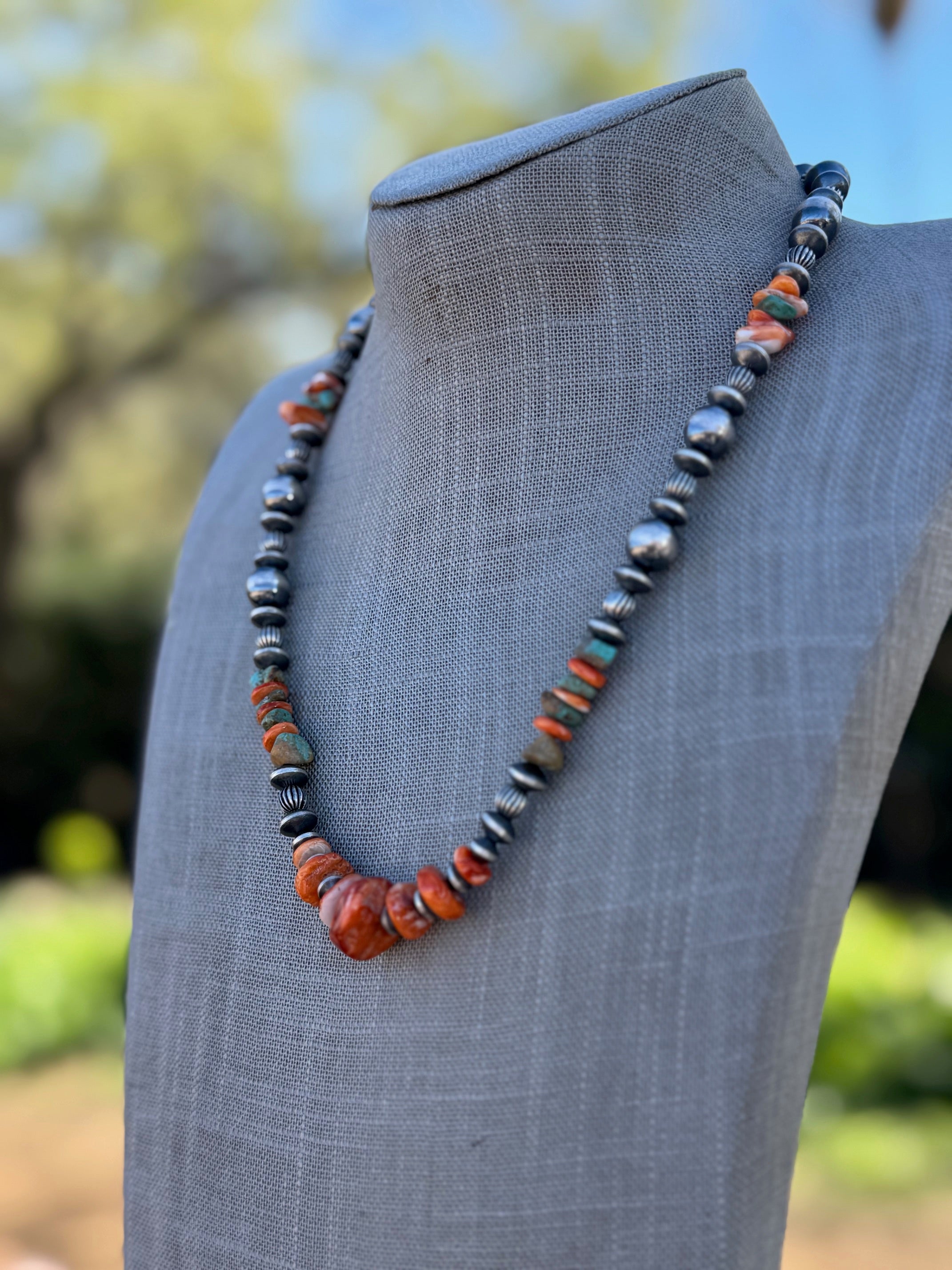 Handcrafted Turquoise & Spiny Sterling Silver Necklace by Chimney Butte 20"