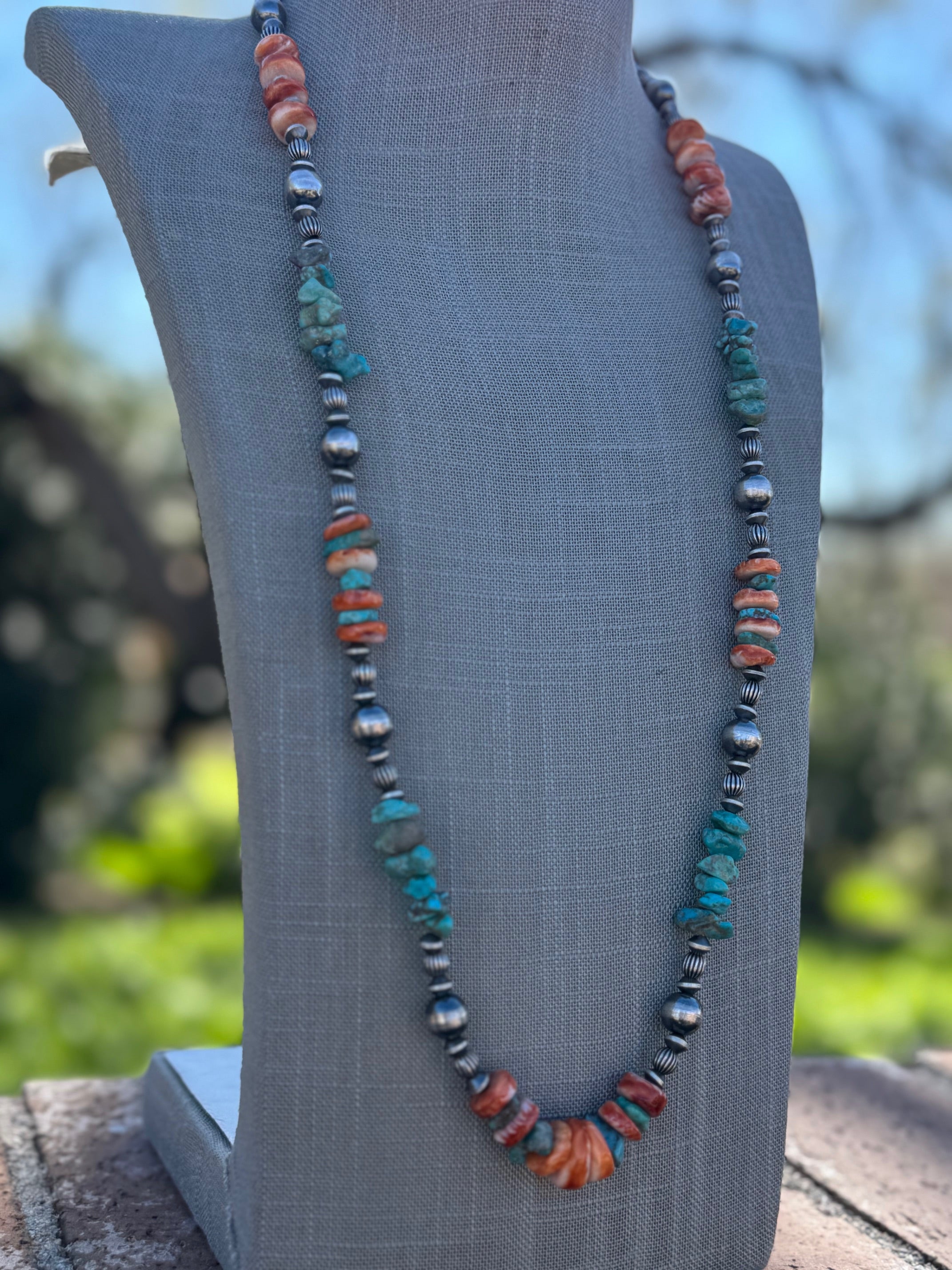 Handcrafted Turquoise & Spiny Sterling Silver Necklace by Chimney Butte 32"