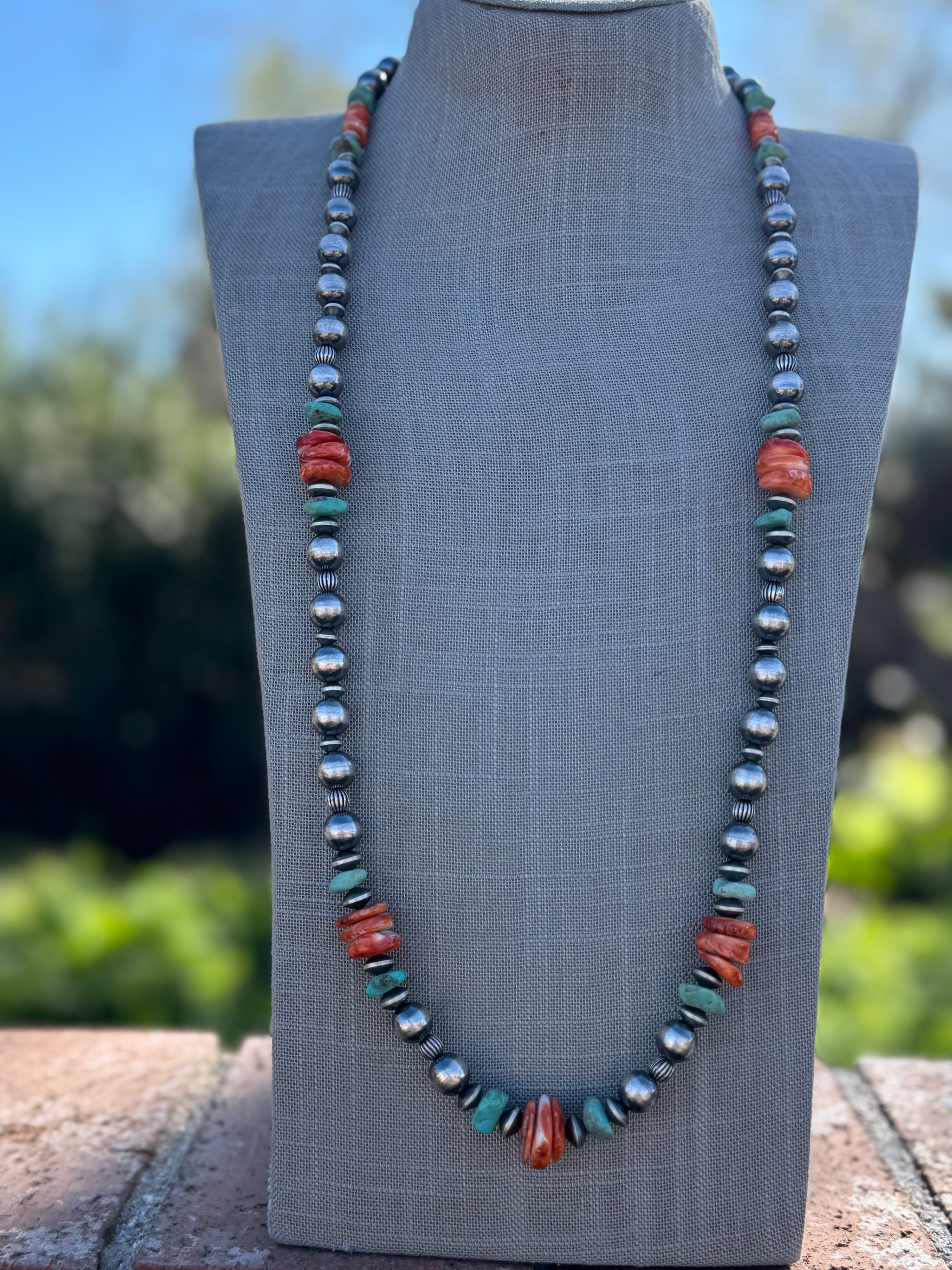 Handcrafted Turquoise & Spiny Sterling Silver Necklace by Chimney Butte 32"