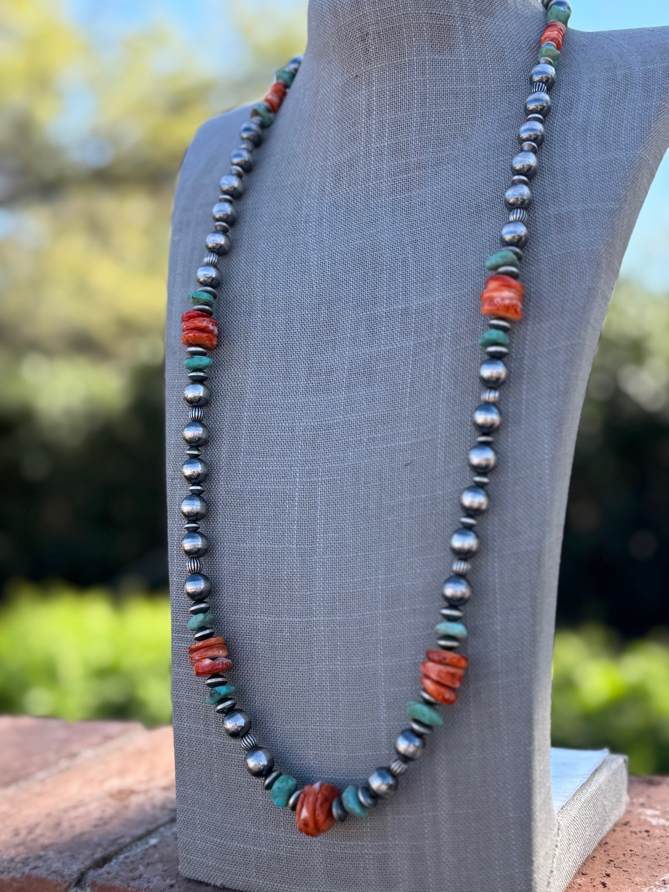 Handcrafted Turquoise & Spiny Sterling Silver Necklace by Chimney Butte 32"