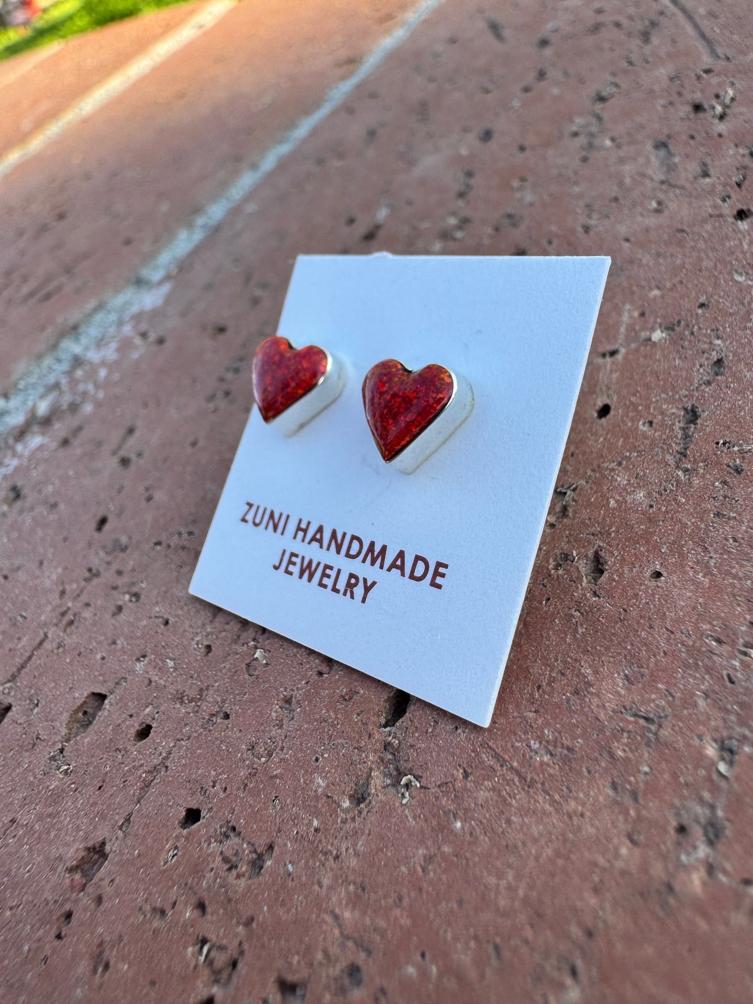 Handcrafted Sterling Silver & Red Opal Stud Heart Earrings