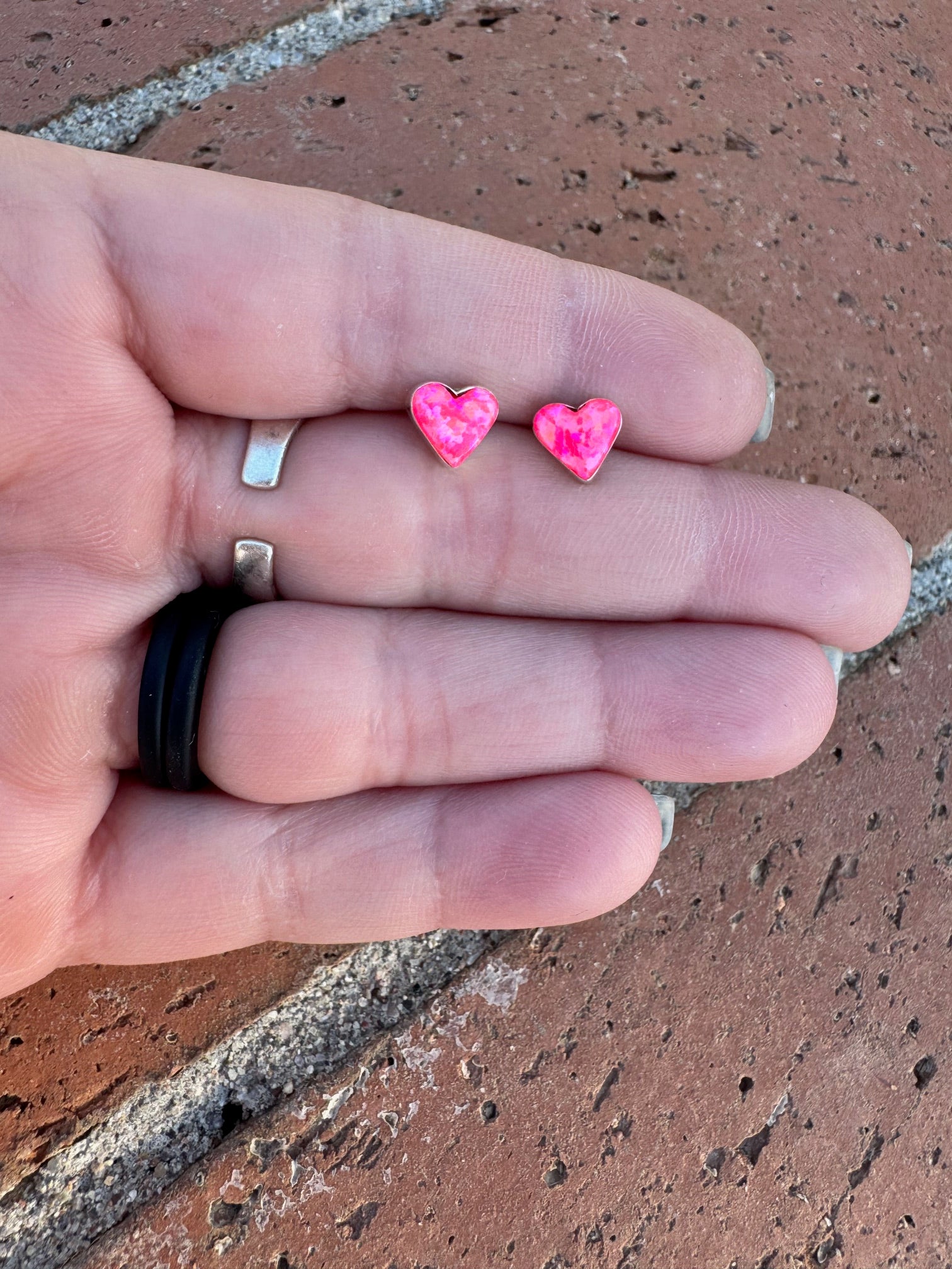 Handcrafted Sterling Silver & Pink Opal Stud Heart Earrings