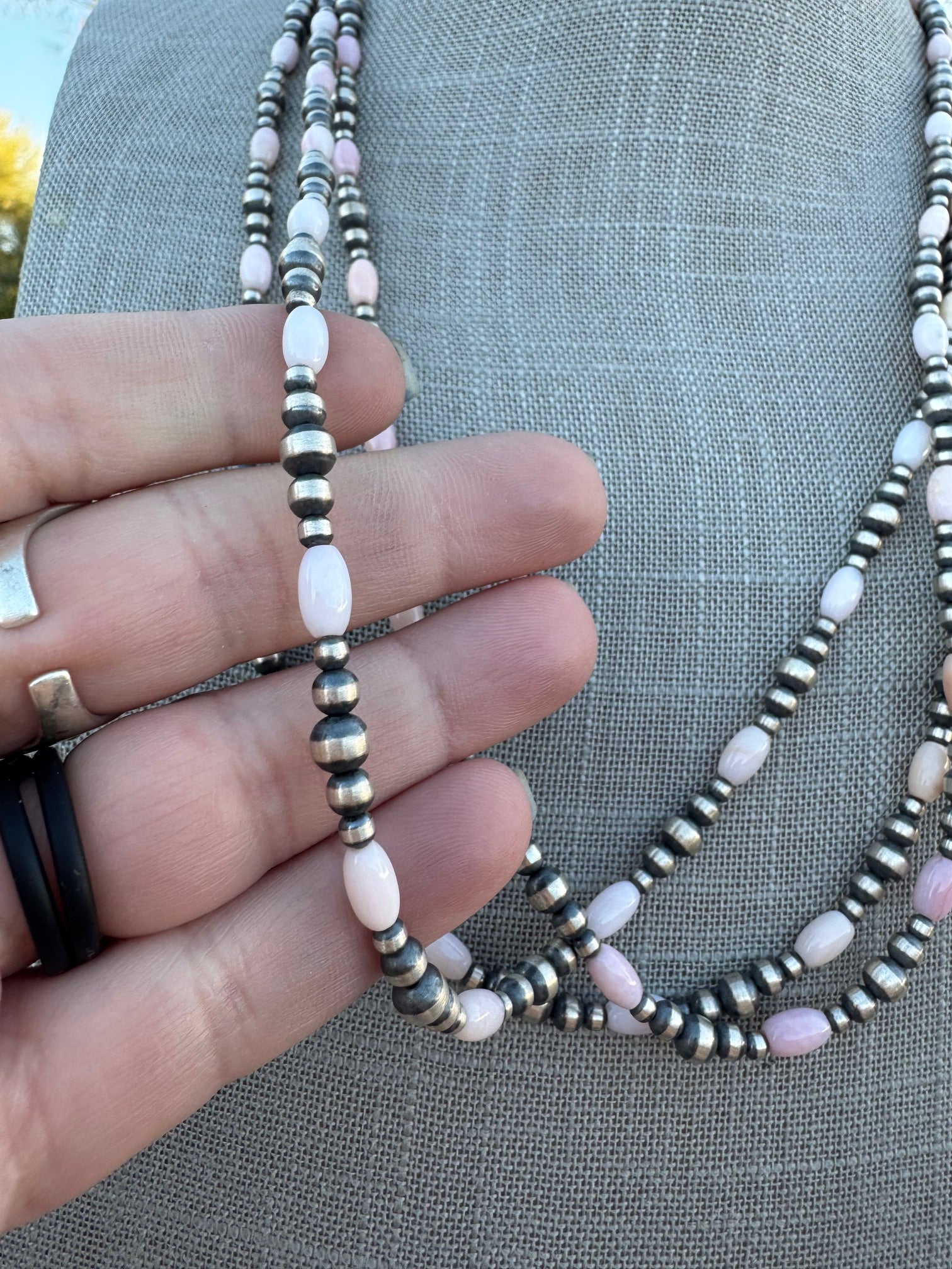 Handcrafted Pink Conch & Sterling Silver 3-5mm Beaded Necklace 24"