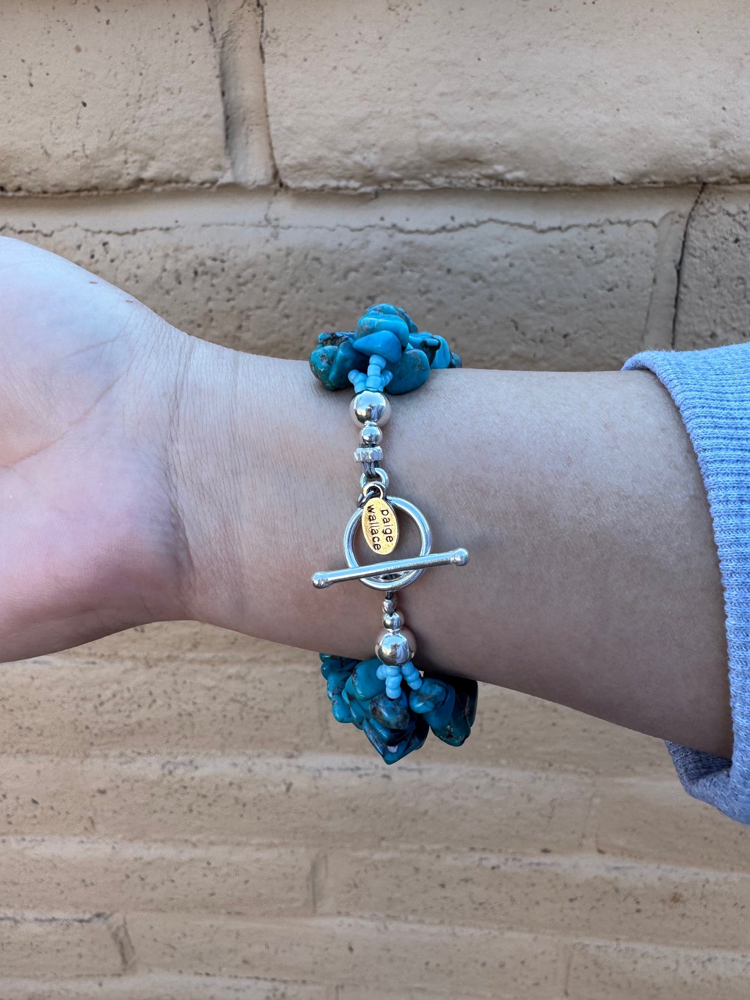 Paige Wallace Handmade Turquoise & Sterling Silver Beaded 3 Strand Bracelet 7.5"