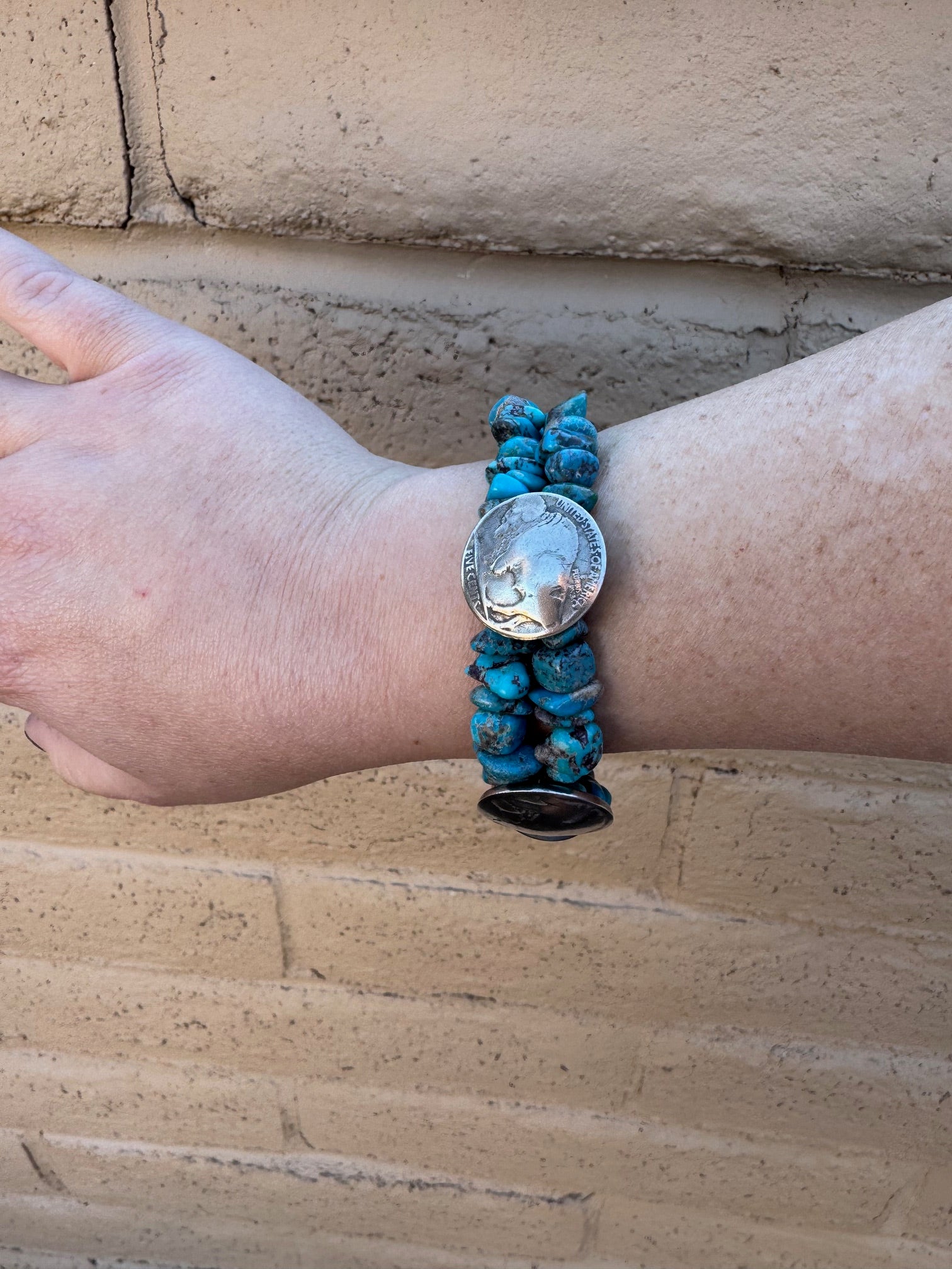 Paige Wallace Handmade Turquoise & Sterling Silver Beaded 2 Strand Bracelet 8"