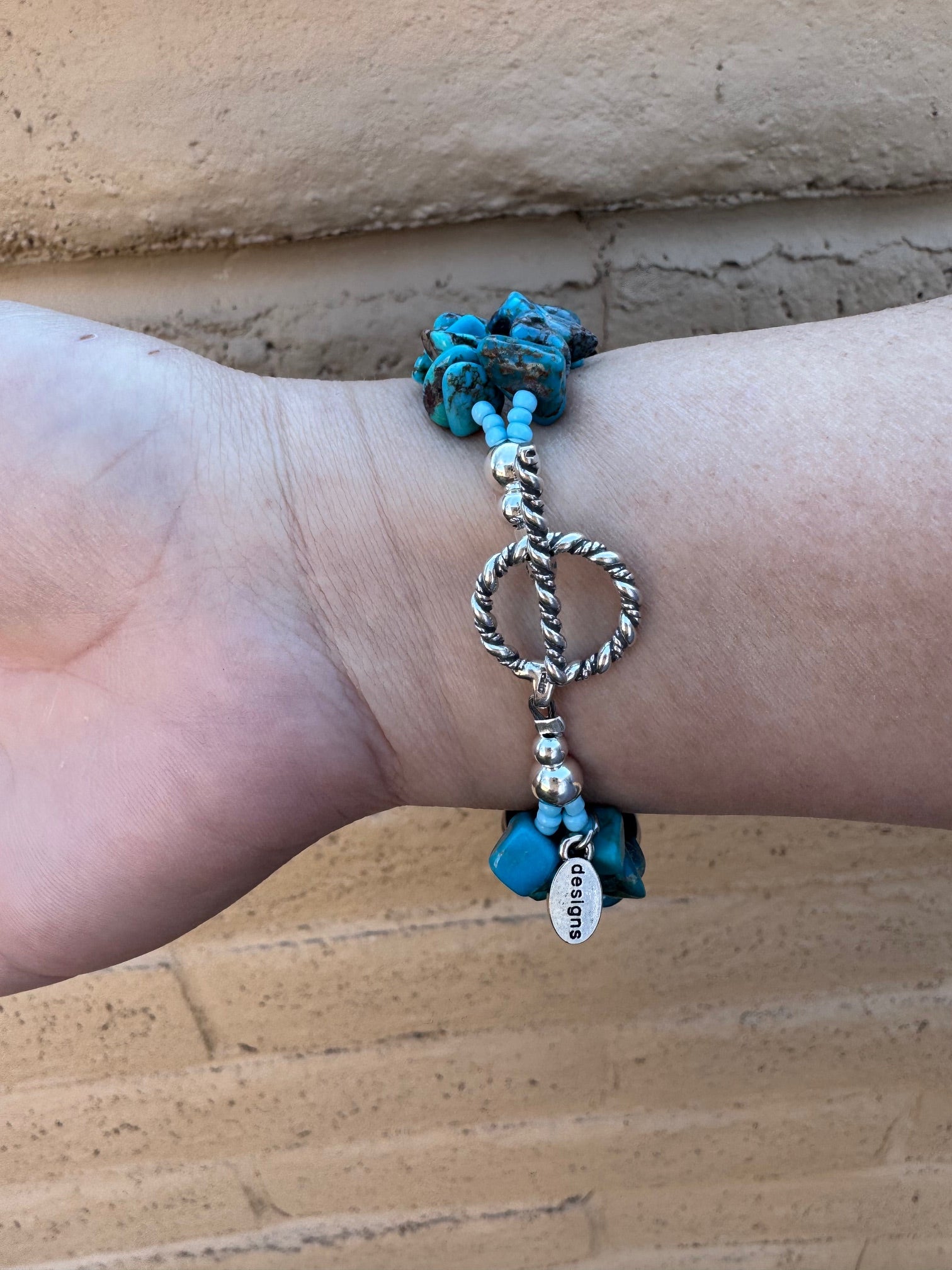 Paige Wallace Handmade Turquoise & Sterling Silver Beaded 2 Strand Bracelet 8"