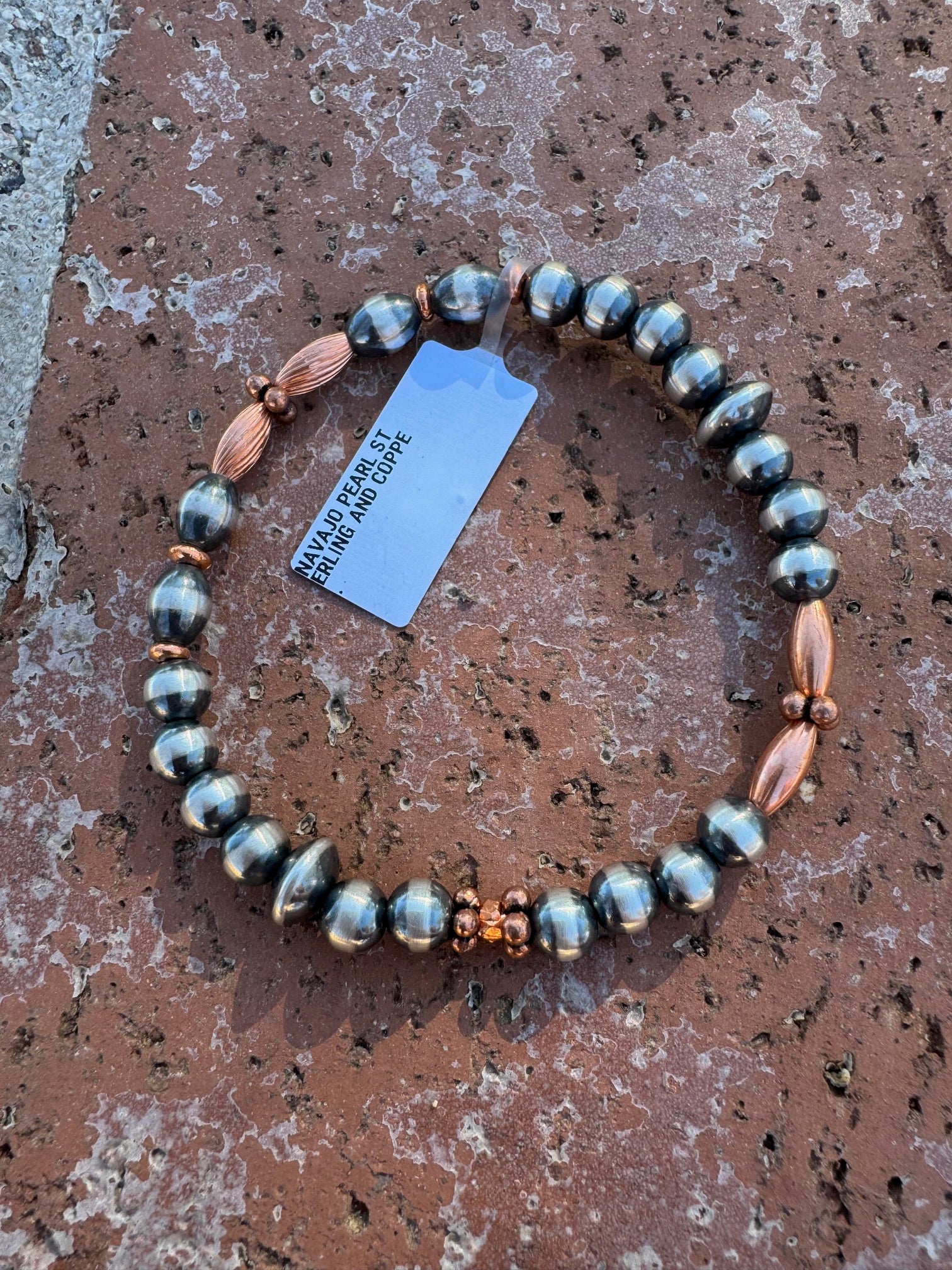 Handcrafted Copper & Sterling Silver Pearl 6mm Beaded Stretch Bracelet 7"