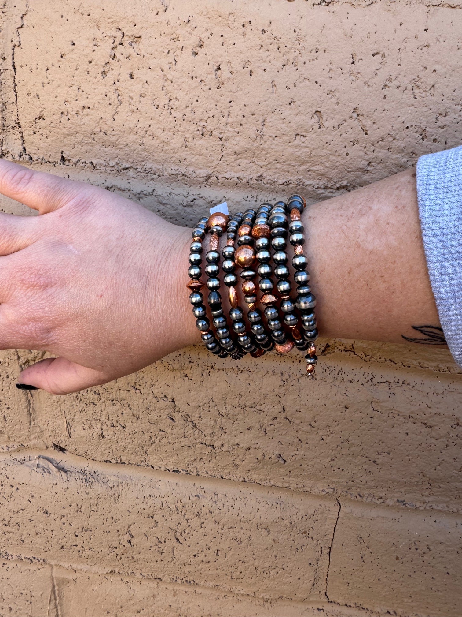 Handcrafted Copper & Sterling Silver Pearl 6-8mm Beaded 6 strand Stretch Bracelet