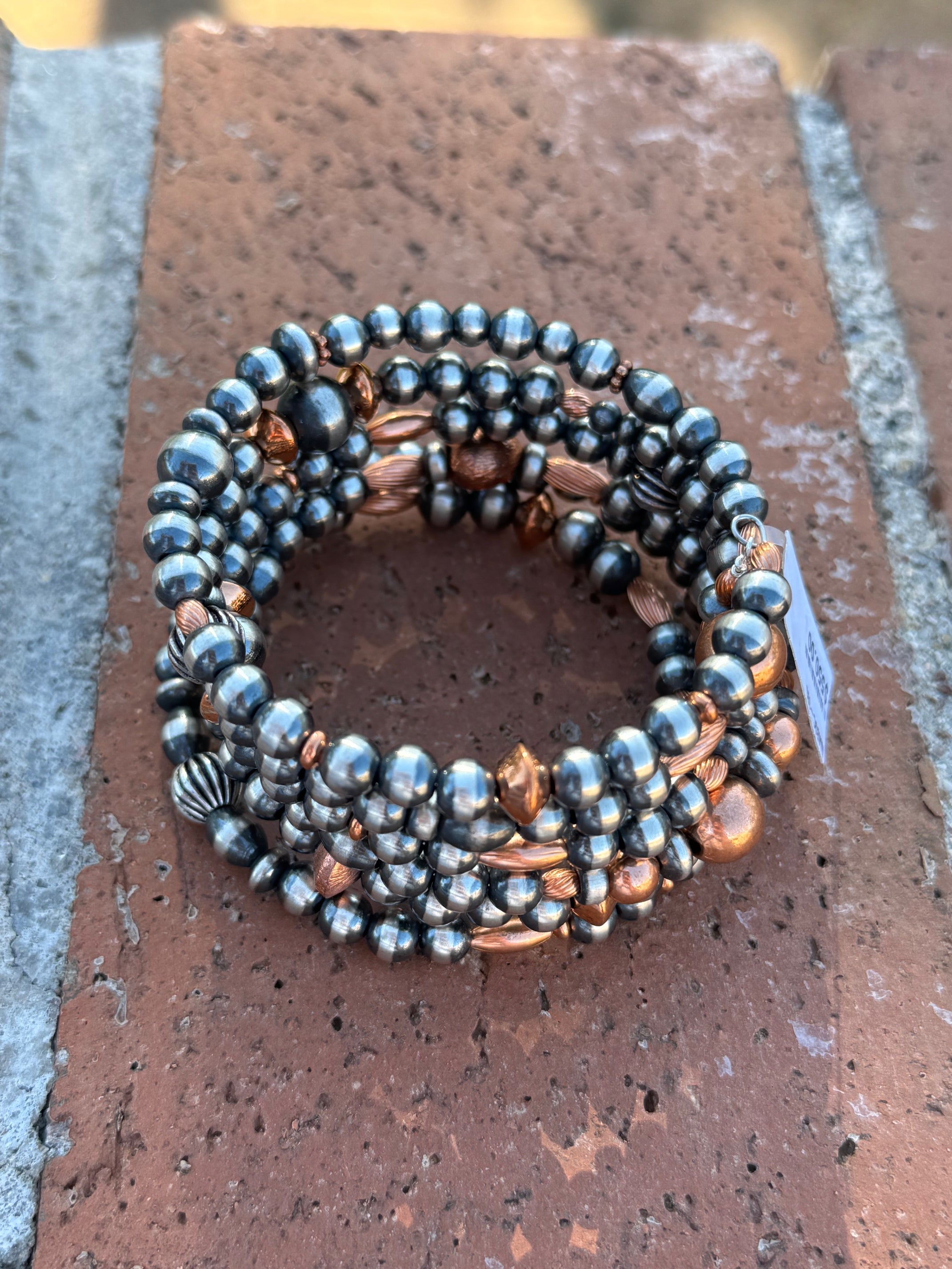 Handcrafted Copper & Sterling Silver Pearl 6-8mm Beaded 6 strand Stretch Bracelet