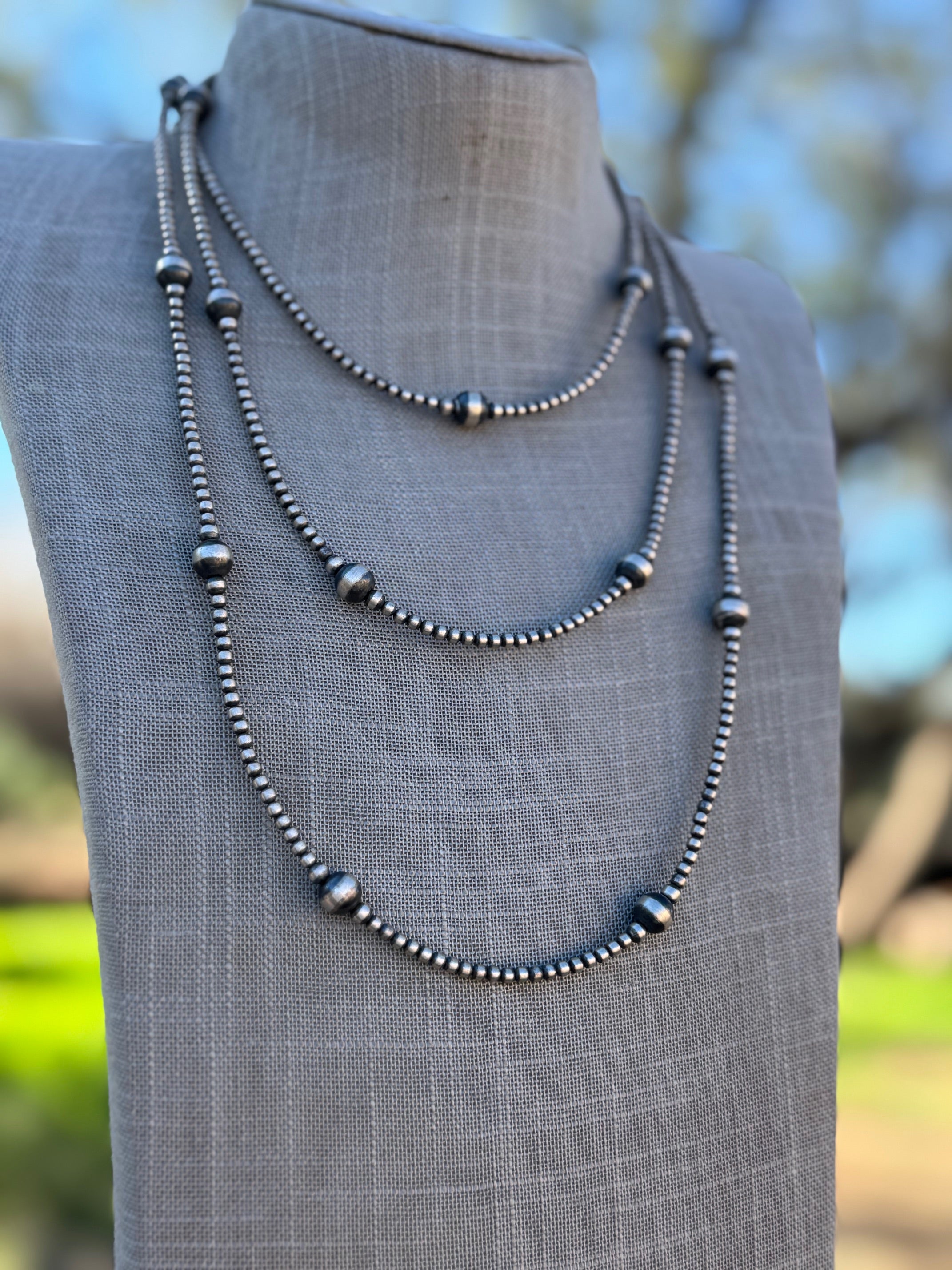 Handcrafted Sterling Silver Pearl 3-8mm Beaded Necklace 62"