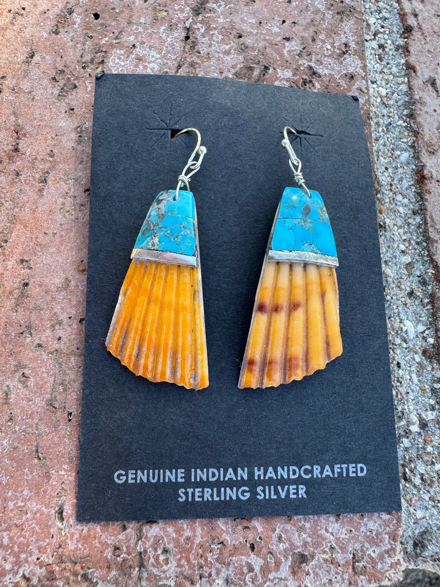 Handcrafted Turquoise Stone Inlay Shell Dangle Earrings