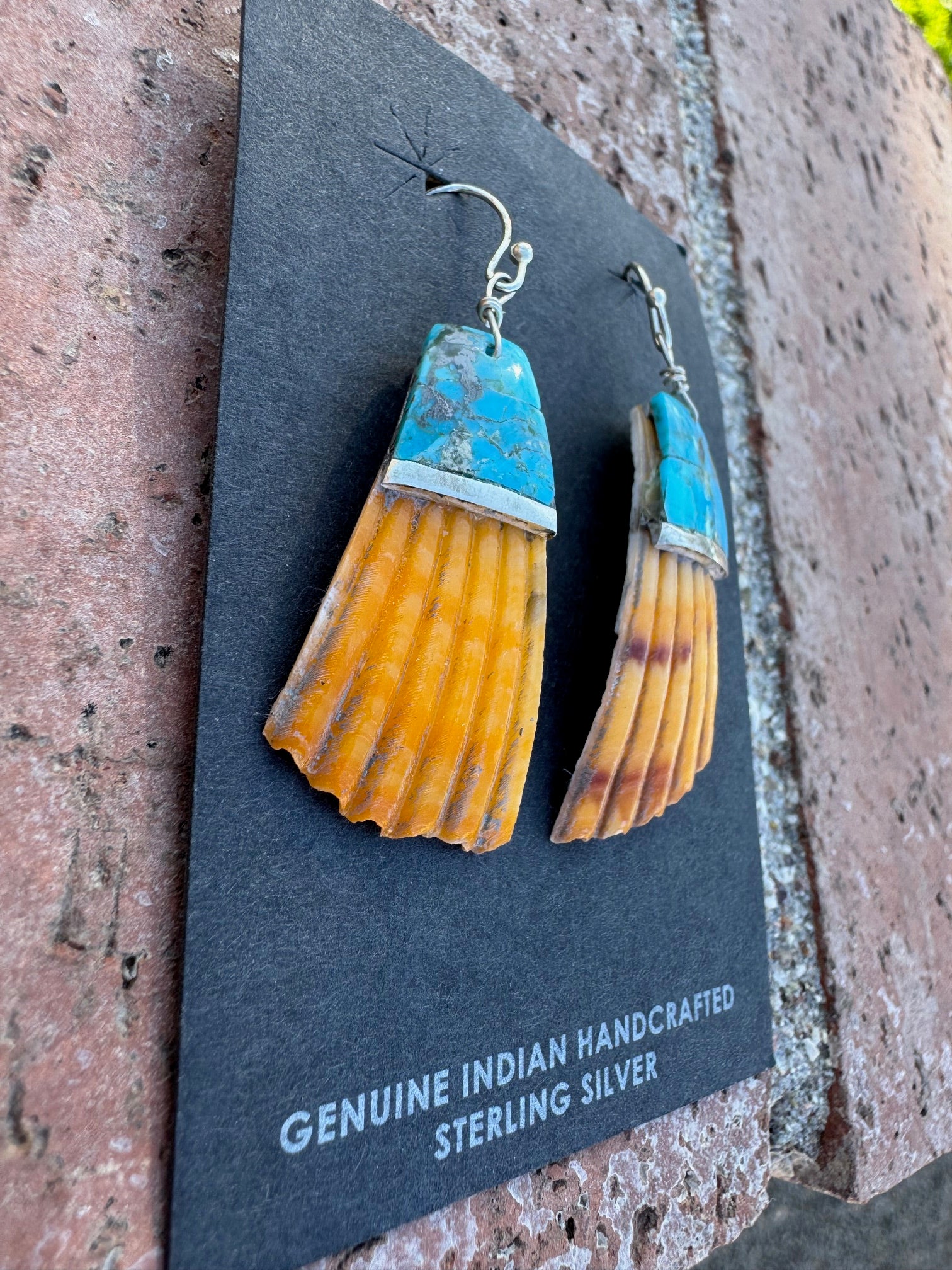 Handcrafted Turquoise Stone Inlay Shell Dangle Earrings