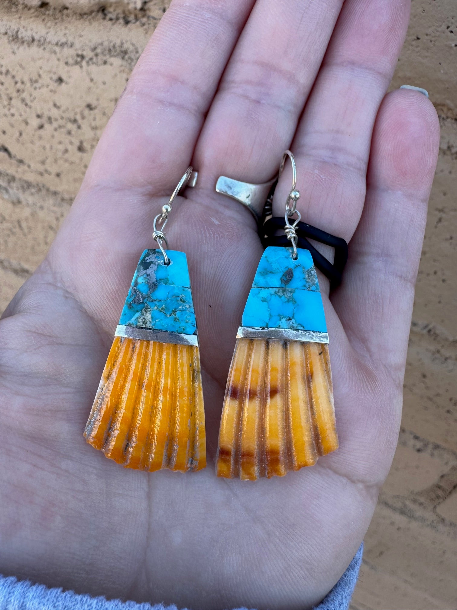 Handcrafted Turquoise Stone Inlay Shell Dangle Earrings