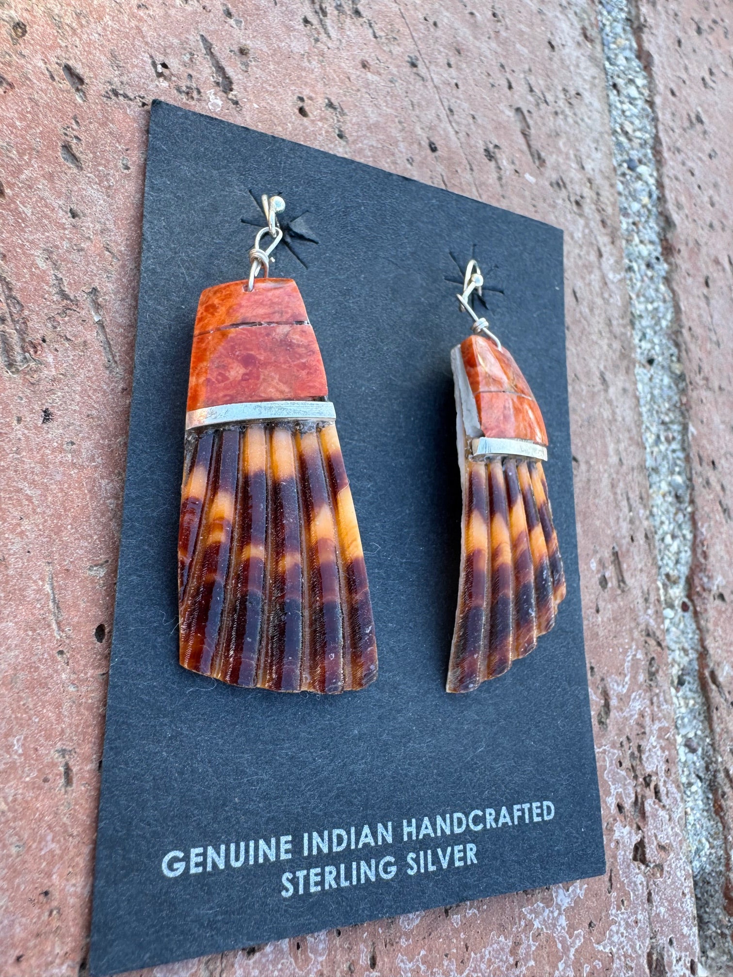 Handcrafted Red Spiny Inlay & Shell Dangle Earrings