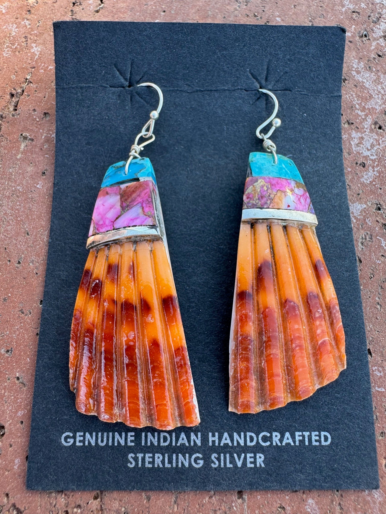 Handcrafted Multi Stone Inlay & Shell Dangle Earrings