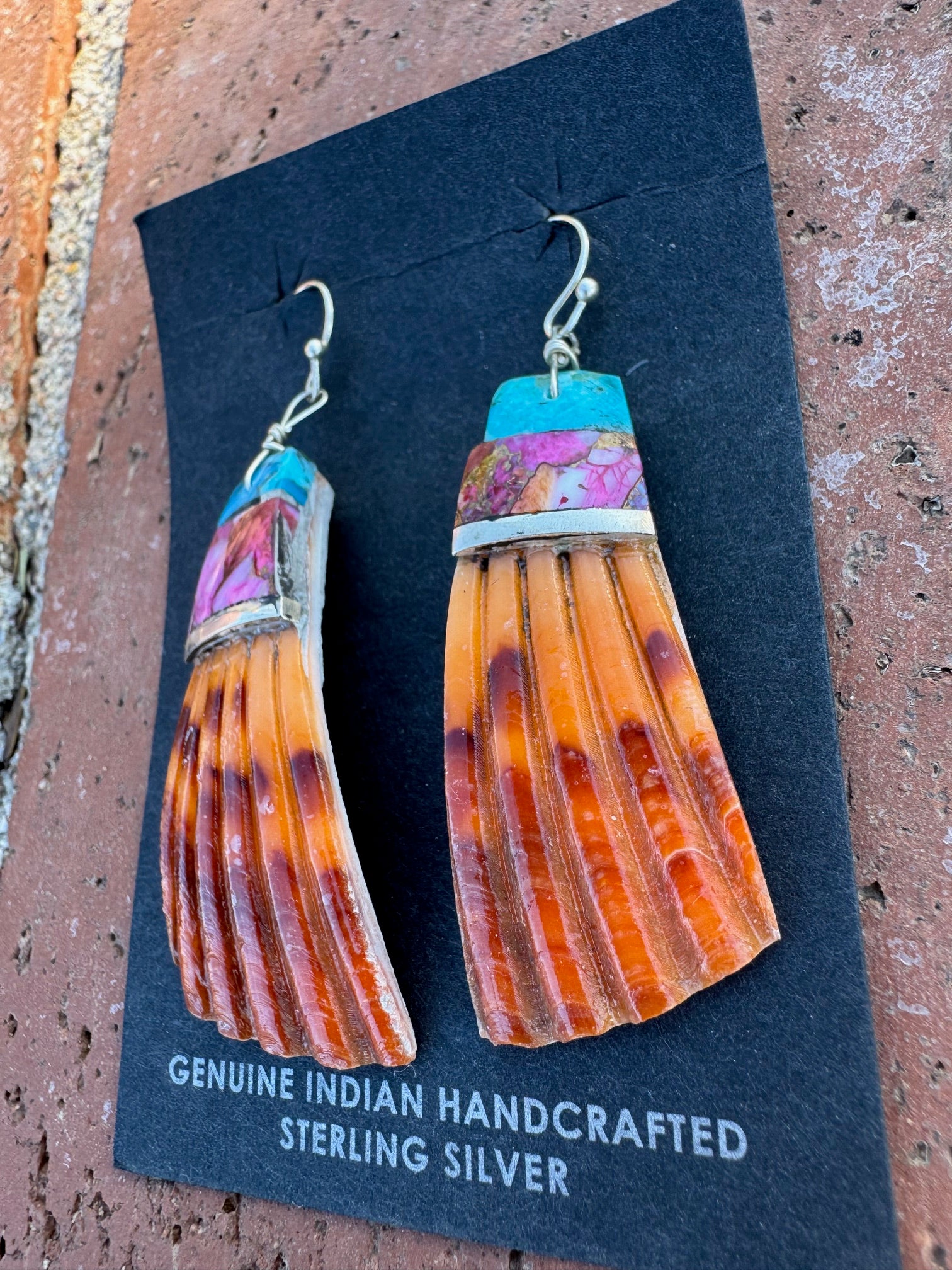 Handcrafted Multi Stone Inlay & Shell Dangle Earrings