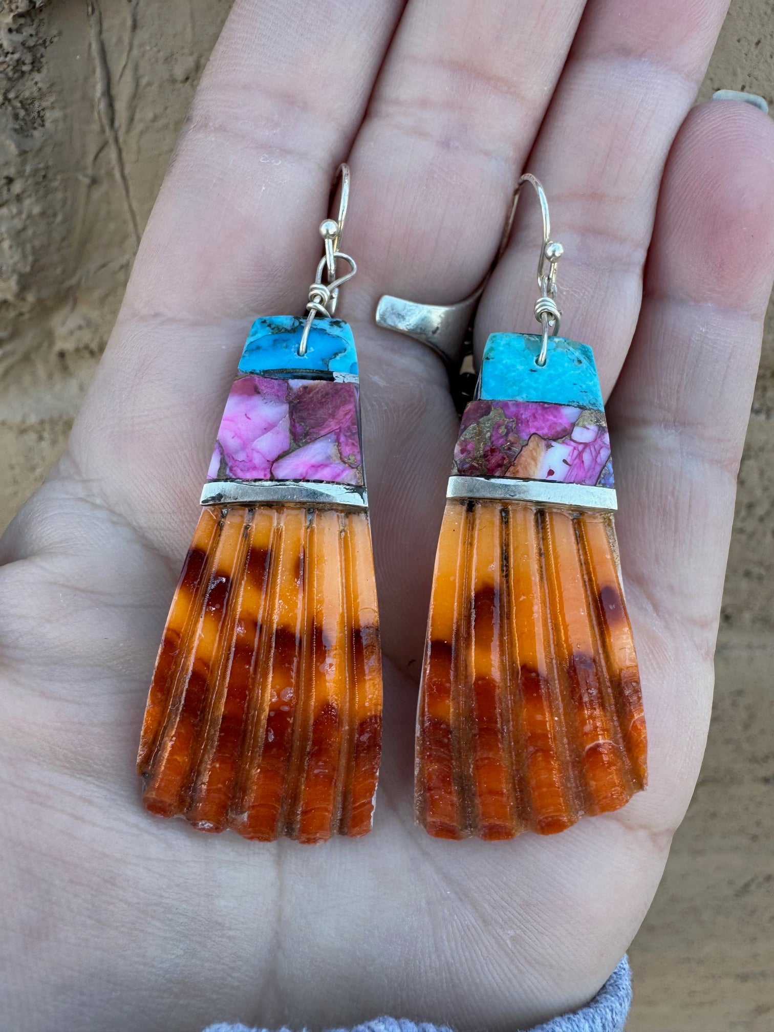 Handcrafted Multi Stone Inlay & Shell Dangle Earrings