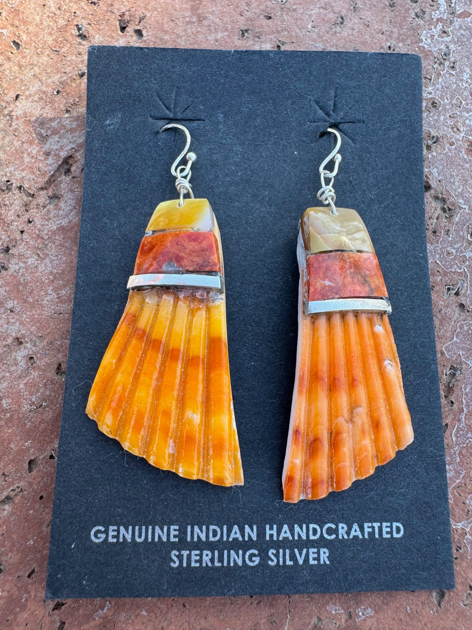 Handcrafted Multi Stone Inlay & Shell Dangle Earrings